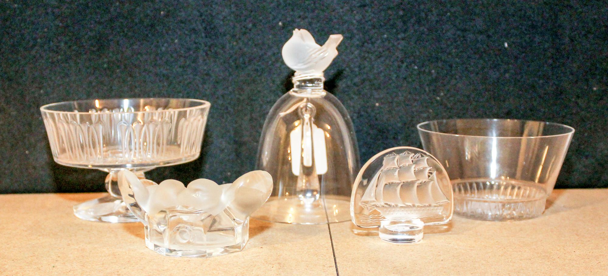 A Group of Five Lalique Frosted Glass Articles.