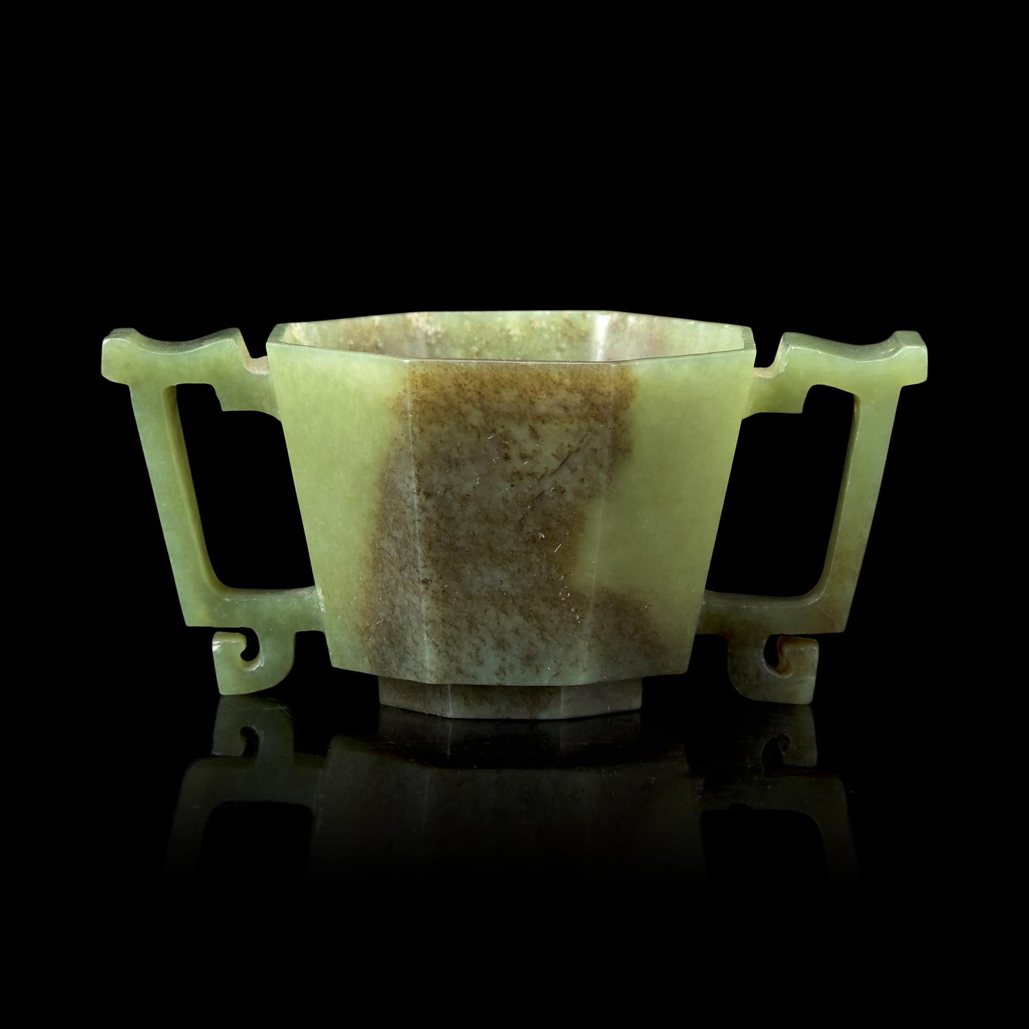 A Chinese Celadon Jade Octagonal Cup 青玉八方杯