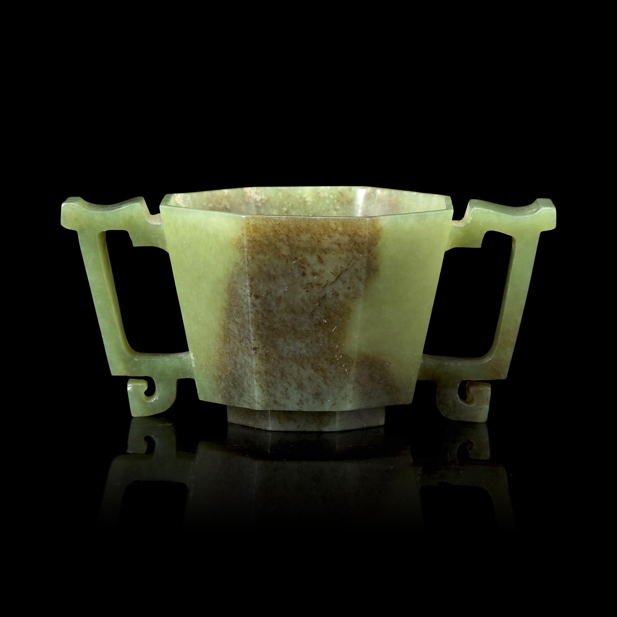 A Chinese Celadon Jade Octagonal Cup 青玉八方杯