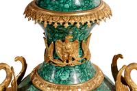 A Pair of Empire Style Gilt Bronze Mounted Malachite Veneered Urns