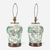 A pair of Chinese famille verte-decorated porcelain jars mounted as lamps the porcelain probably 19th Century