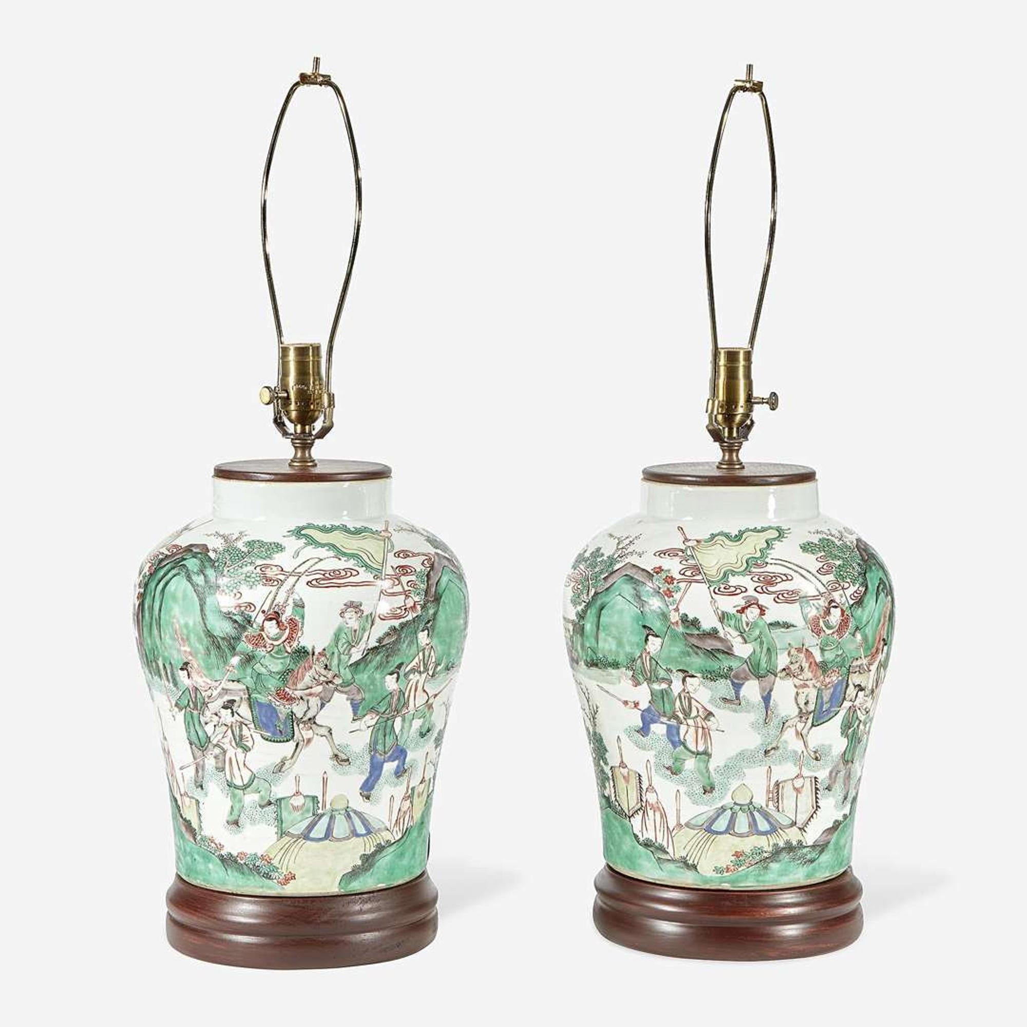 A pair of Chinese famille verte-decorated porcelain jars mounted as lamps the porcelain probably 19th Century