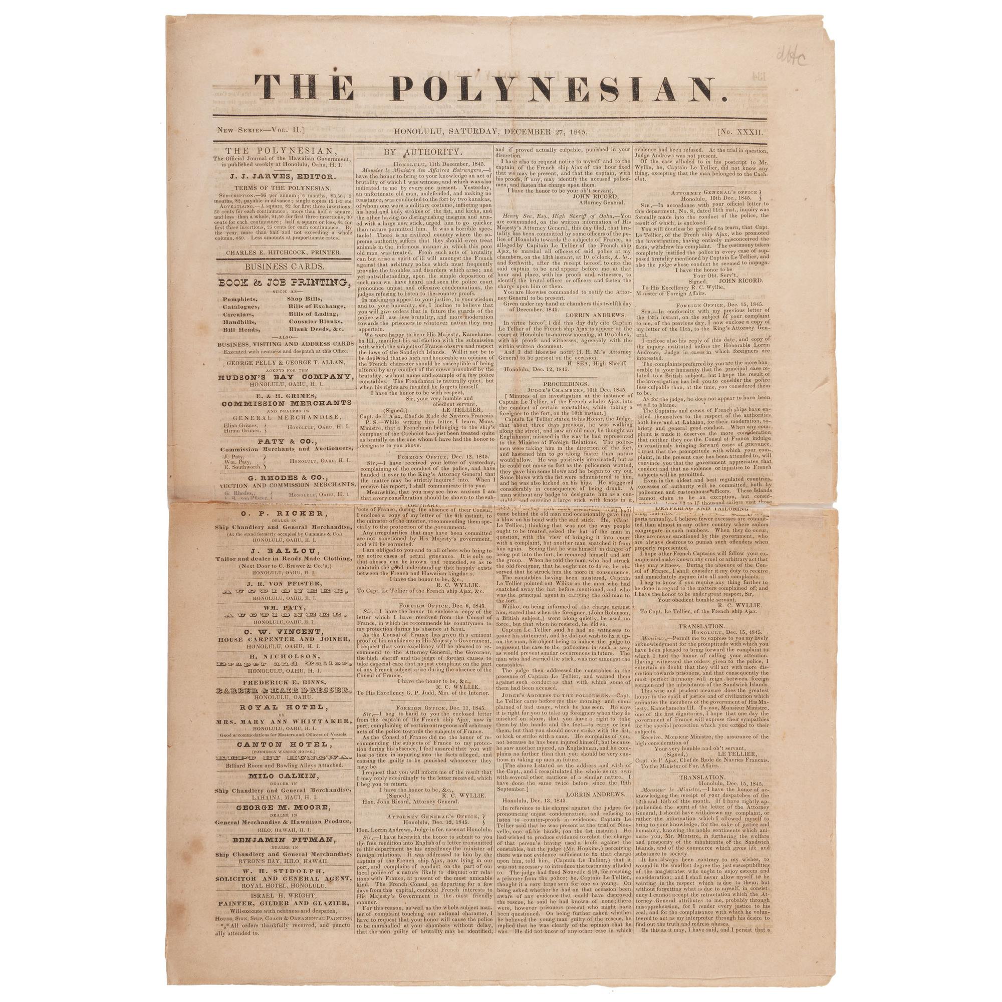 [HAWAII - MISSIONARIES] -- [WHITNEY, Samuel (1793-1845)]. The Polynesian . Vol. II, No. XXXII. Honolulu: Hawaiian Government, 27 December 1845.