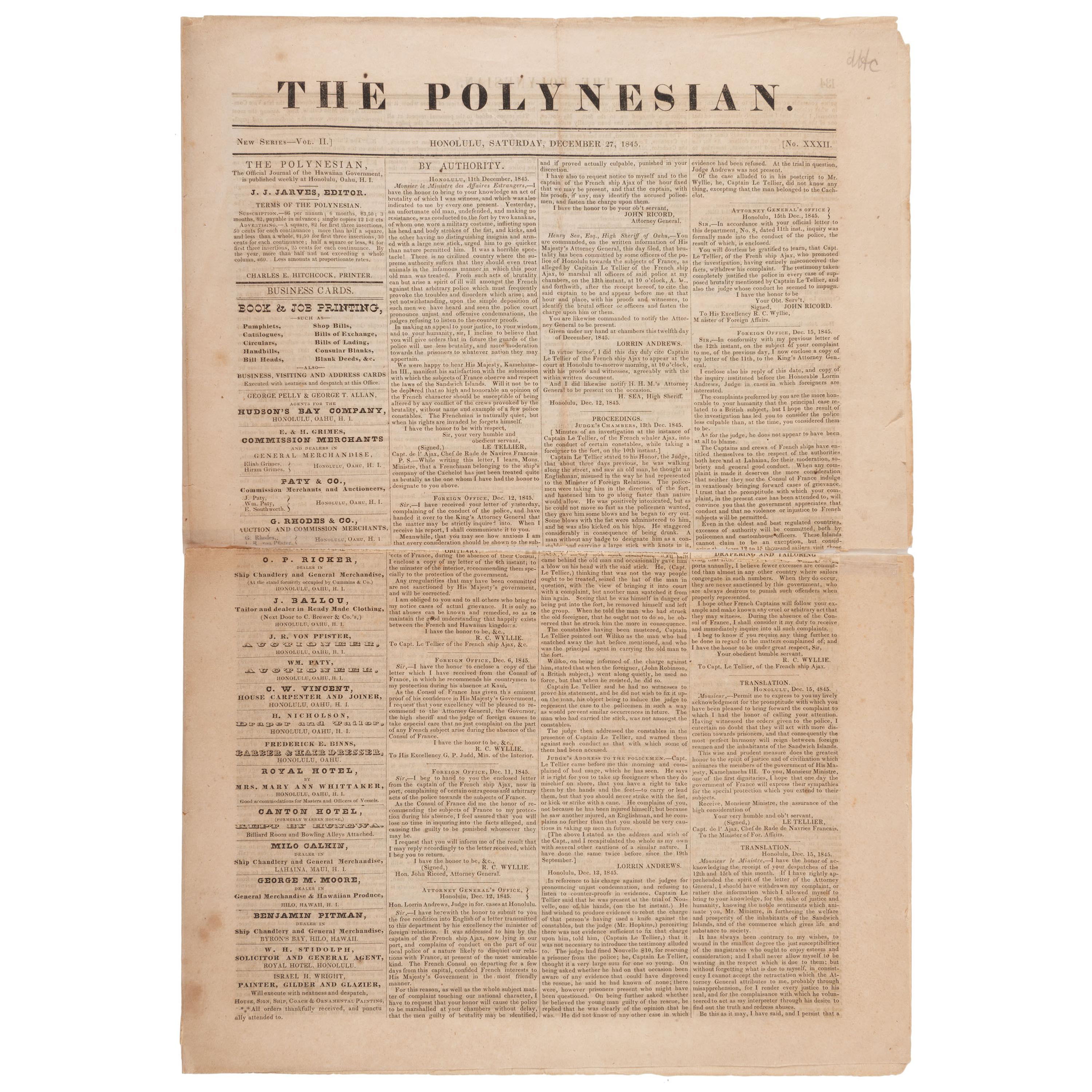 [HAWAII - MISSIONARIES] -- [WHITNEY, Samuel (1793-1845)]. The Polynesian . Vol. II, No. XXXII. Honolulu: Hawaiian Government, 27 December 1845.