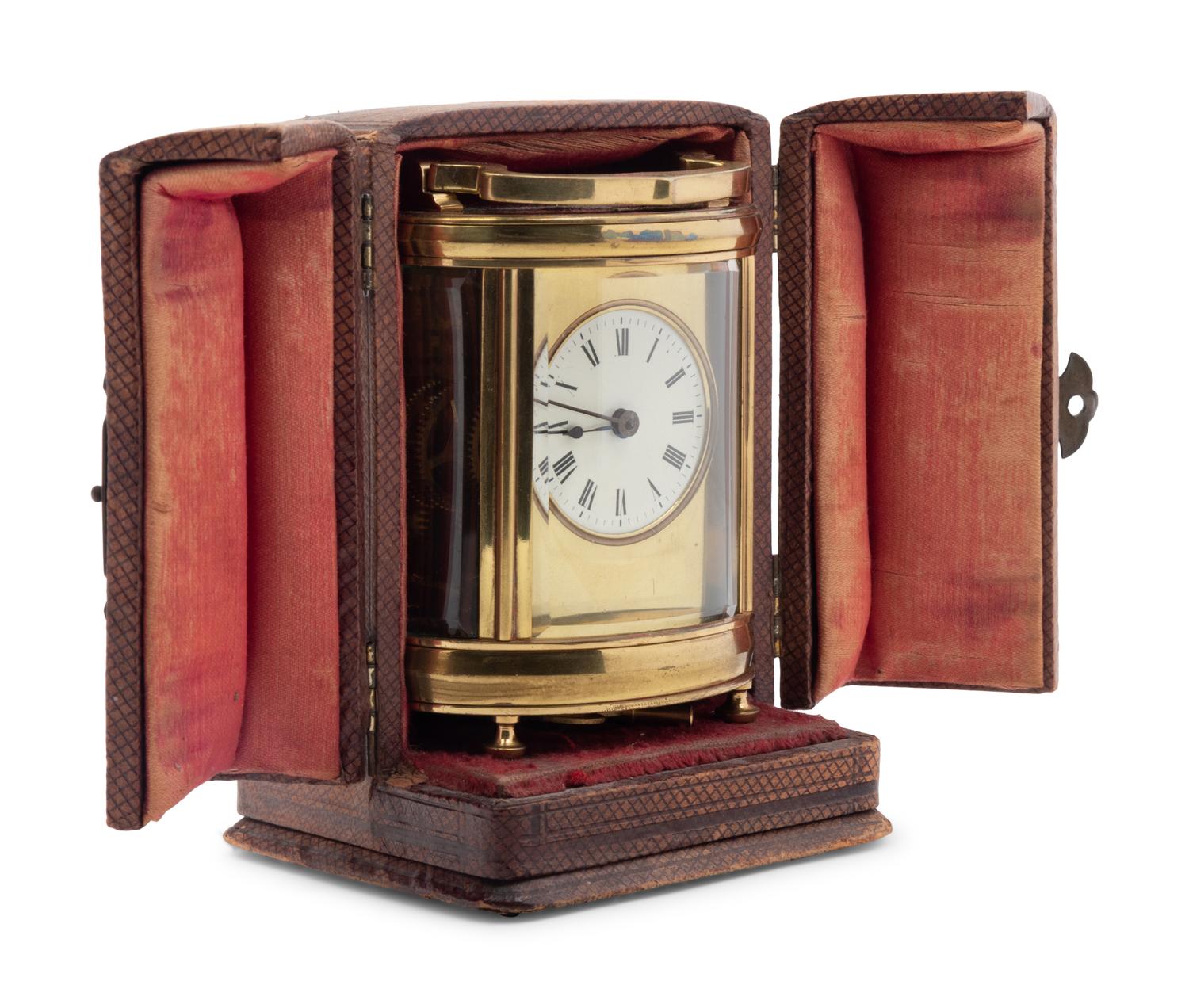 A Continental Leather-Cased Brass Carriage Clock