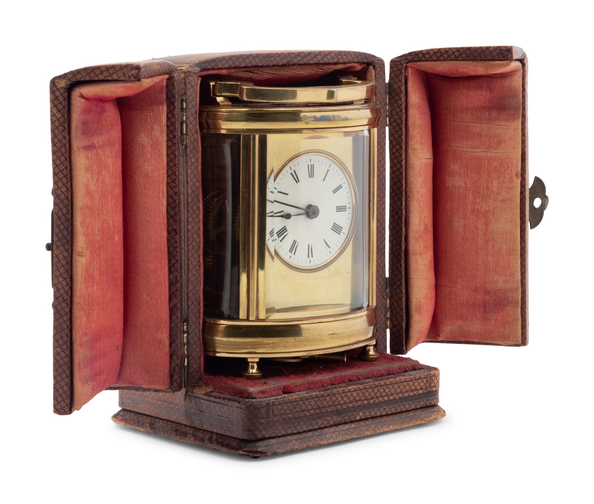 A Continental Leather-Cased Brass Carriage Clock
