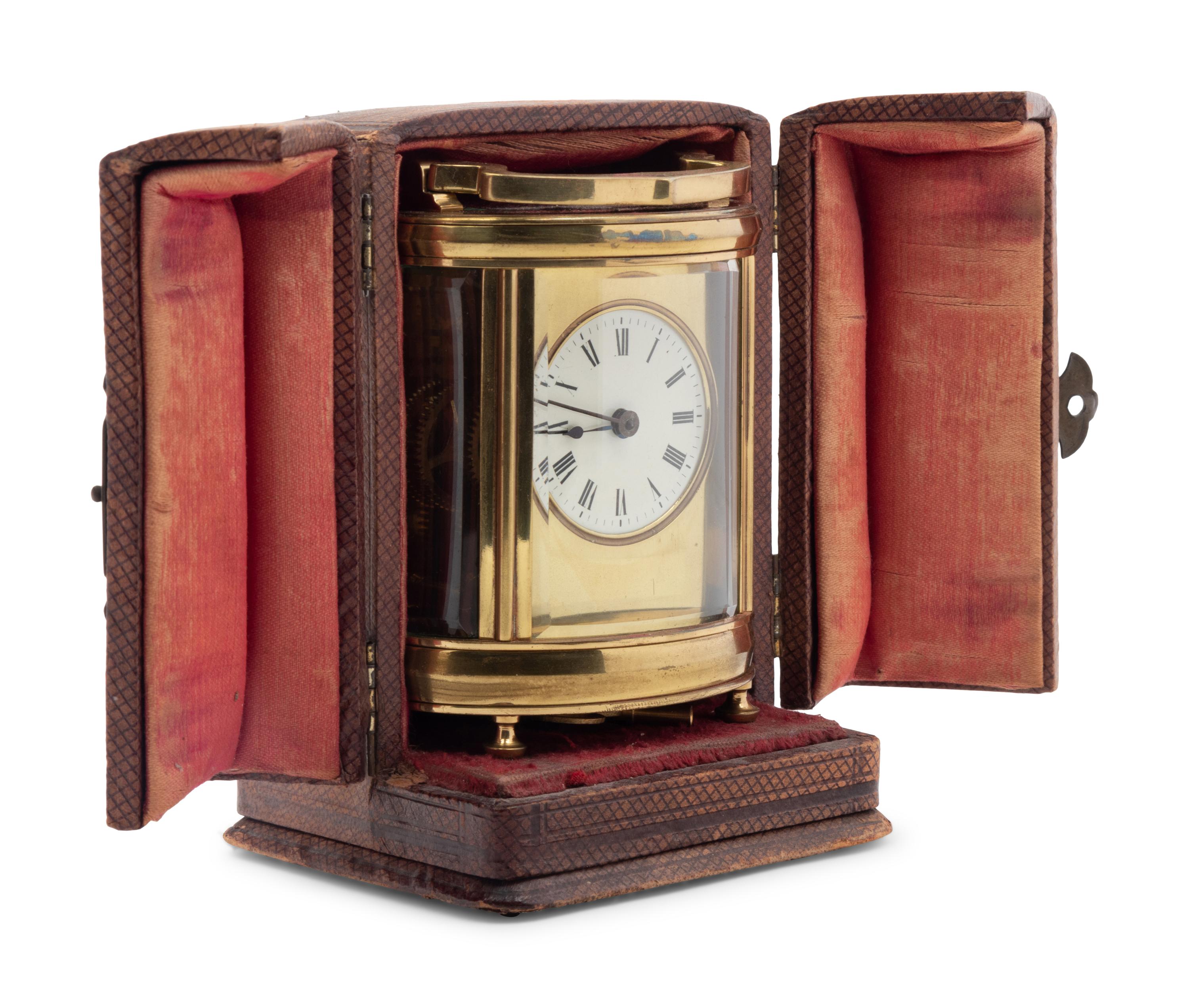 A Continental Leather-Cased Brass Carriage Clock