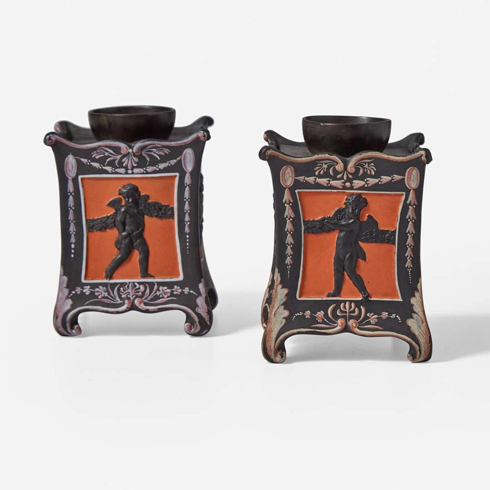 A Near Pair of Wedgwood Encaustic-Decorated Black Basalt Bulb Pots UK, circa 1800