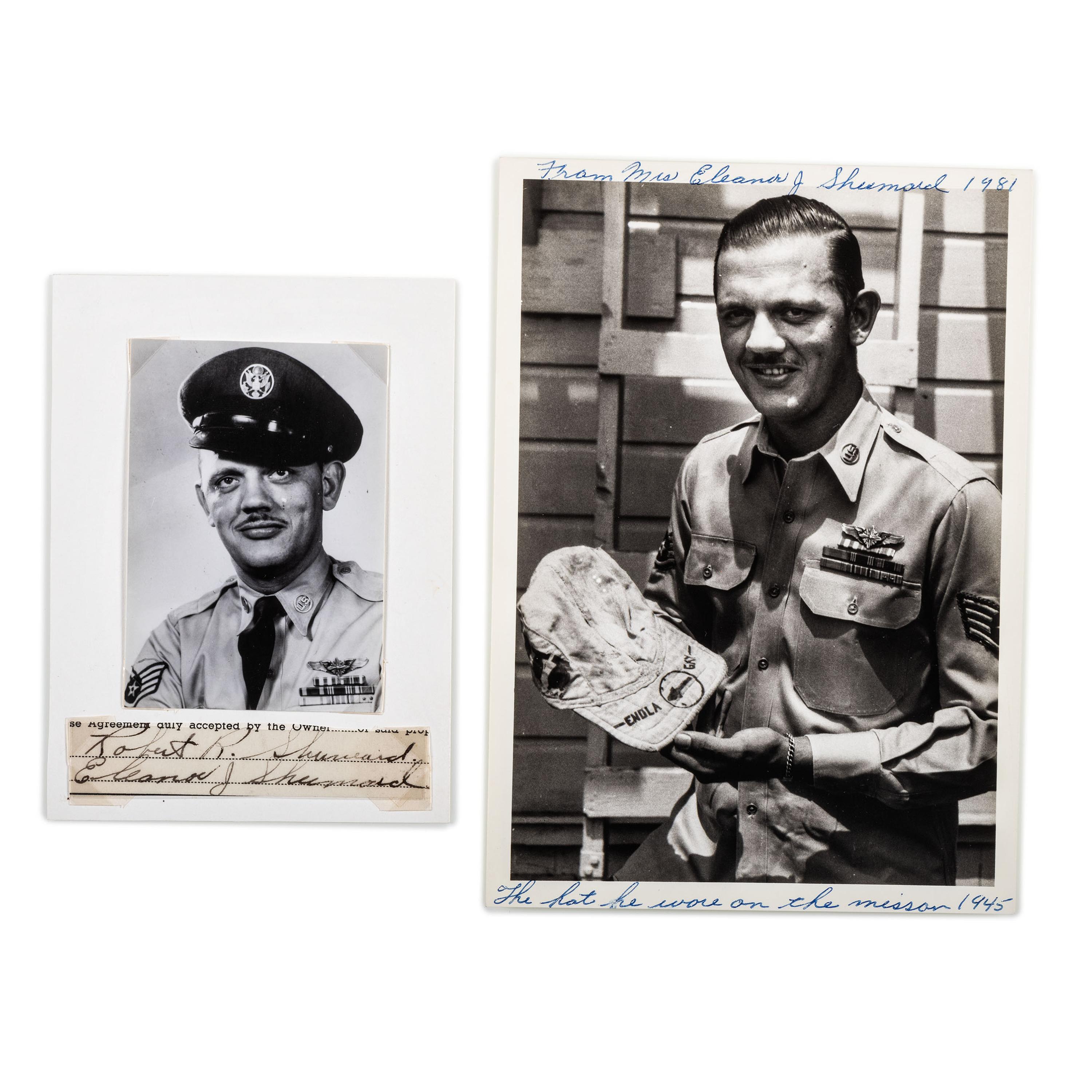 [WORLD WAR II]. SHUMARD, Sgt. Robert (1920-1967). Archive identified to Enola Gay Assistant Flight Engineer Robert Shumard, incl. photographs, autograph, and other personal ephemera.