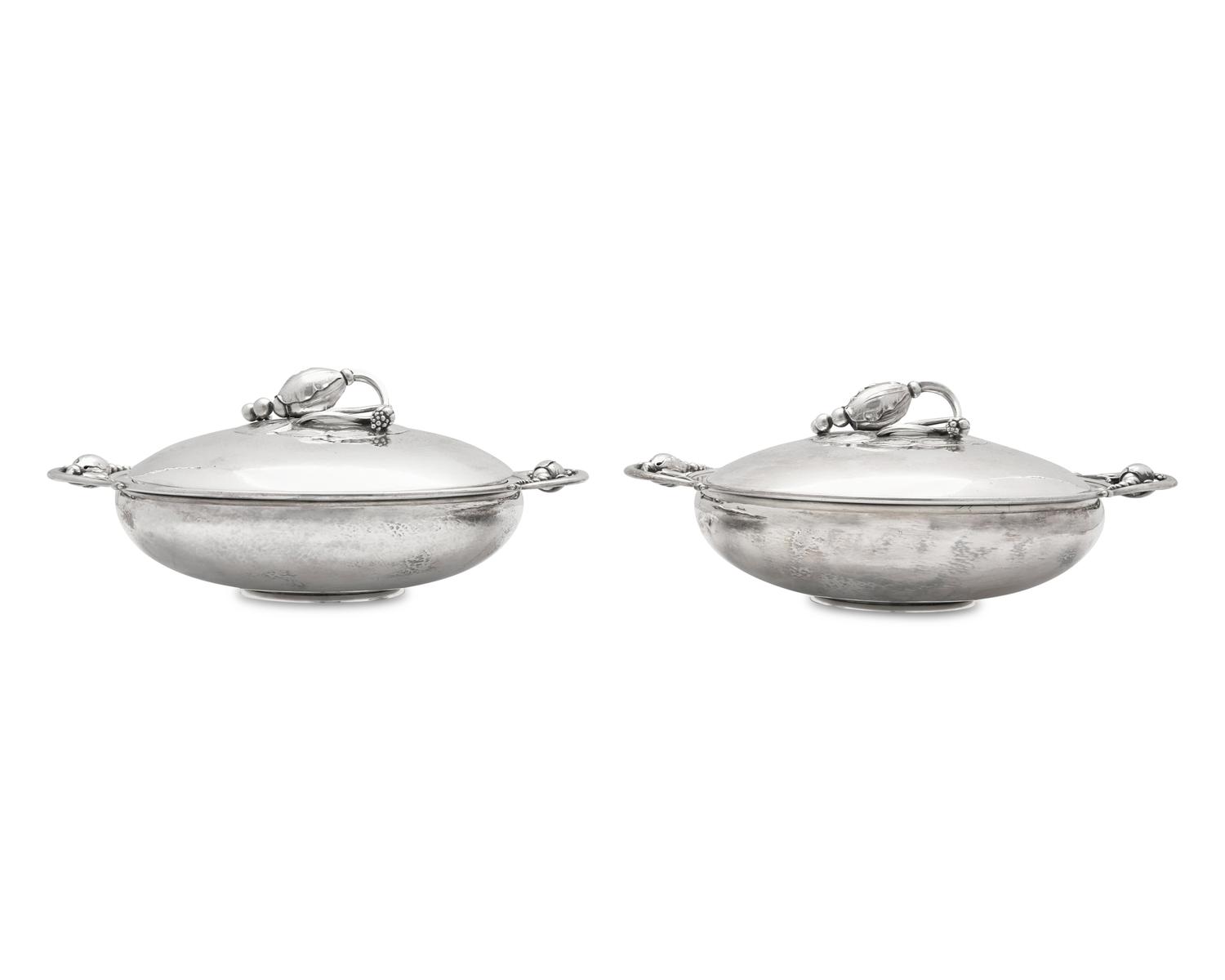 A Pair of Georg Jensen Silver Blossom Pattern Vegetable Dishes and Covers