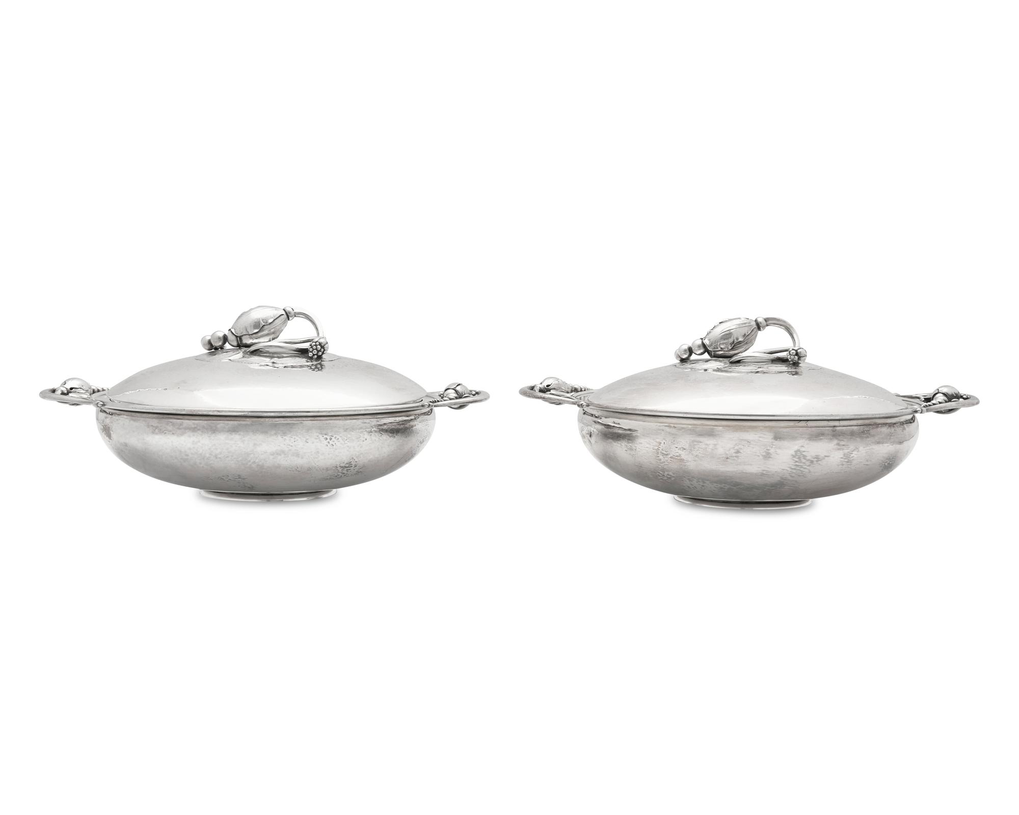 A Pair of Georg Jensen Silver Blossom Pattern Vegetable Dishes and Covers