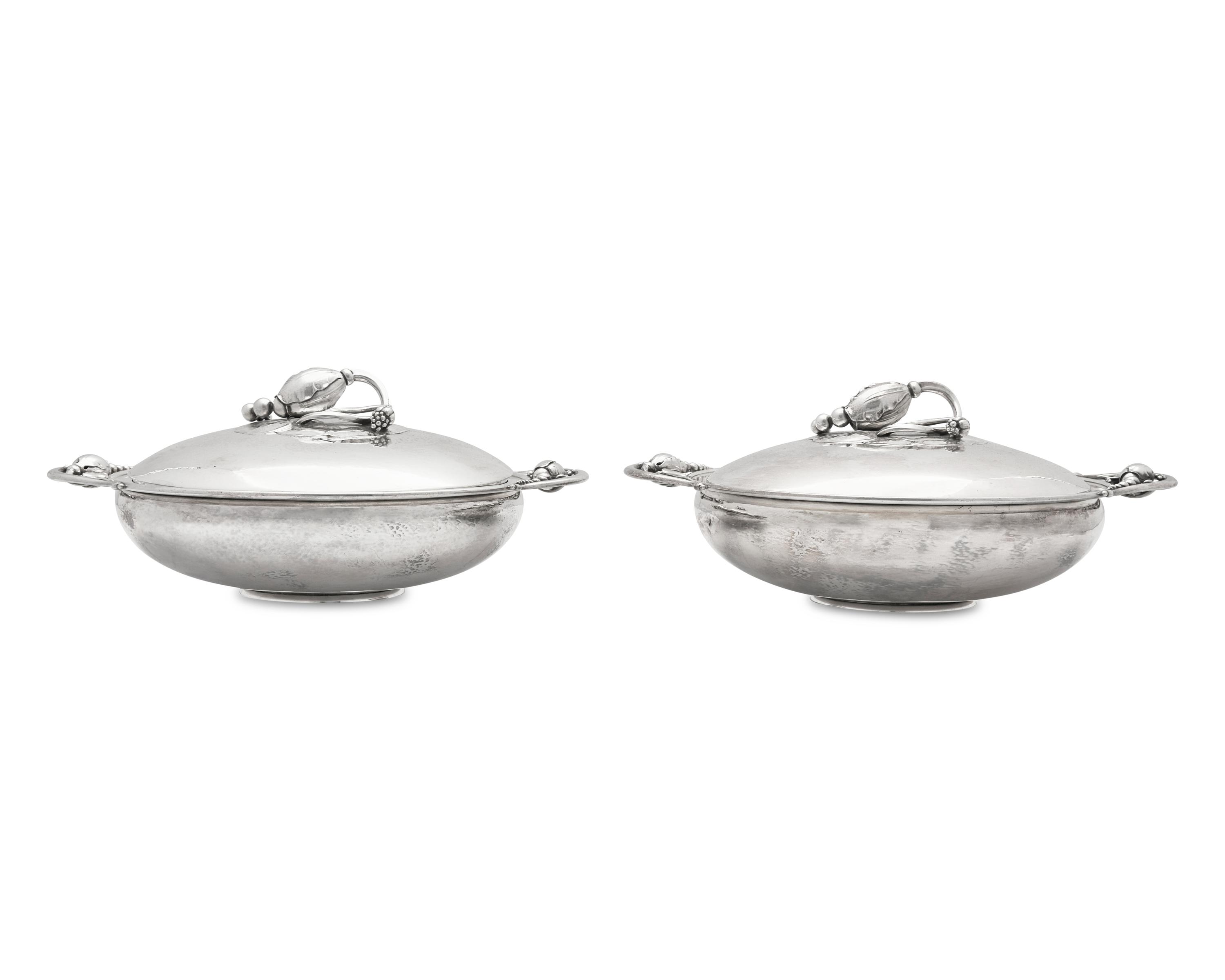 A Pair of Georg Jensen Silver Blossom Pattern Vegetable Dishes and Covers
