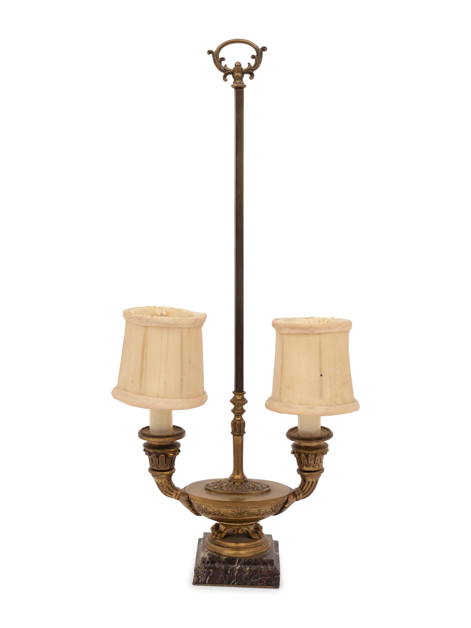 A Continental Gilt Bronze and Marble Two-Light Candelabrum Mounted as a Lamp