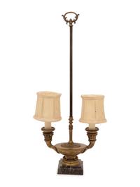 A Continental Gilt Bronze and Marble Two-Light Candelabrum Mounted as a Lamp