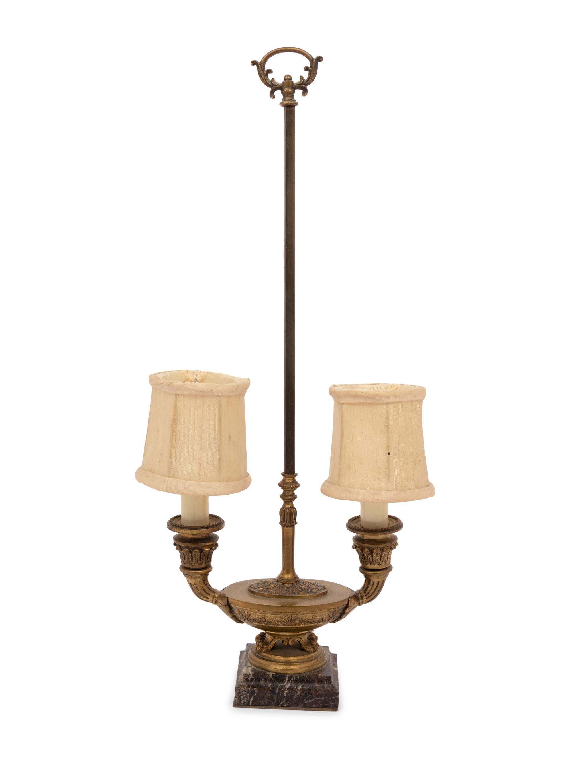 A Continental Gilt Bronze and Marble Two-Light Candelabrum Mounted as a Lamp