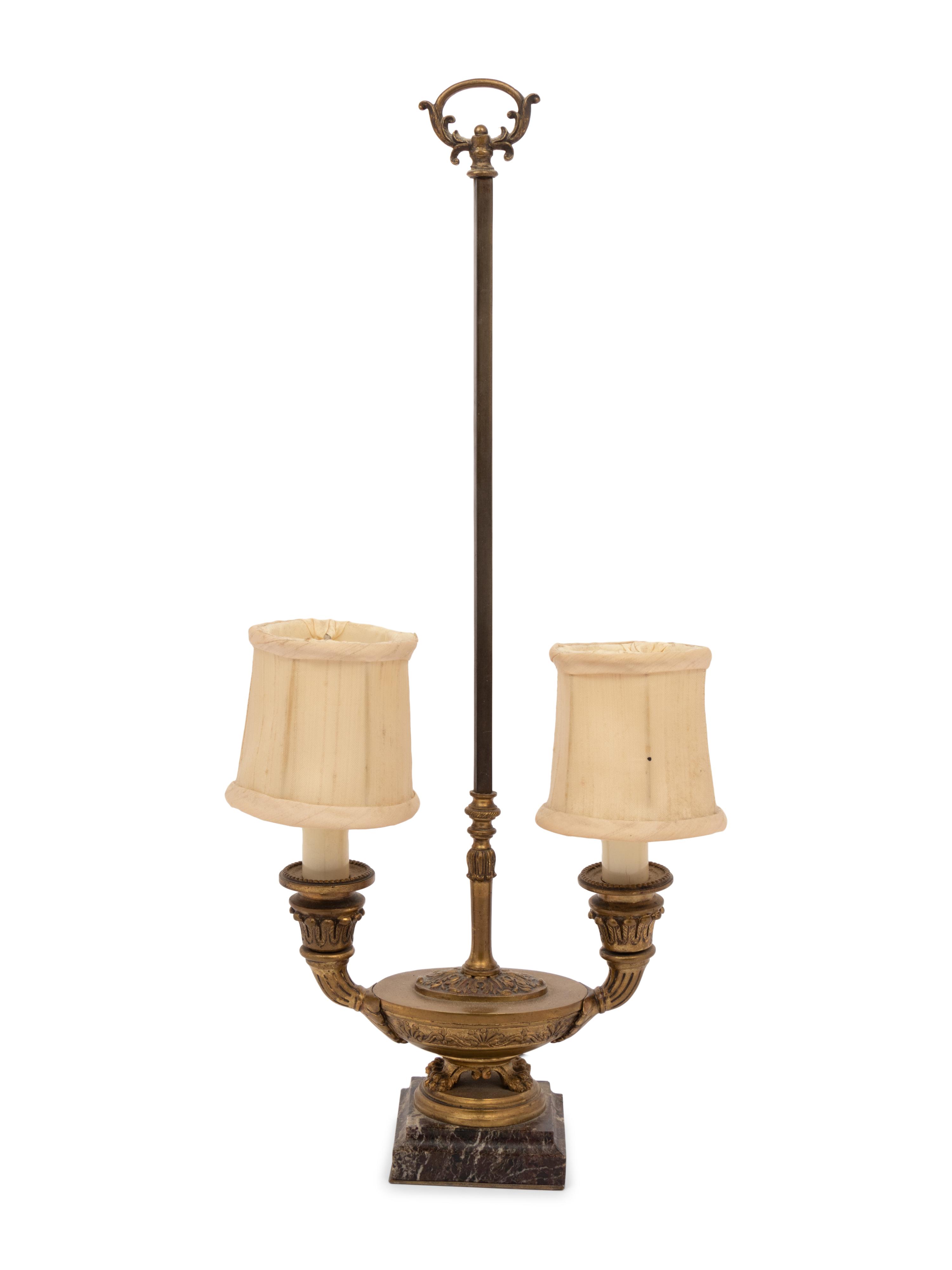 A Continental Gilt Bronze and Marble Two-Light Candelabrum Mounted as a Lamp