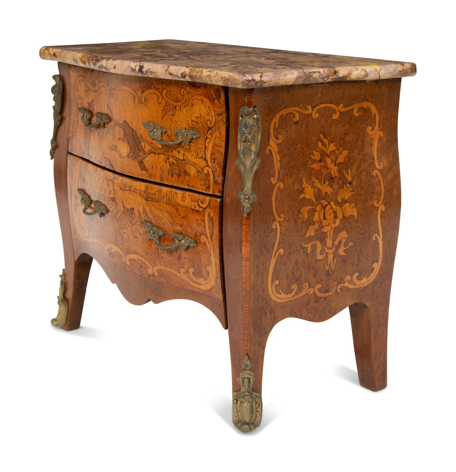 A Diminutive Louis XV Style Marquetry Marble-Top Commode