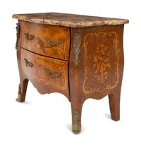 A Diminutive Louis XV Style Marquetry Marble-Top Commode