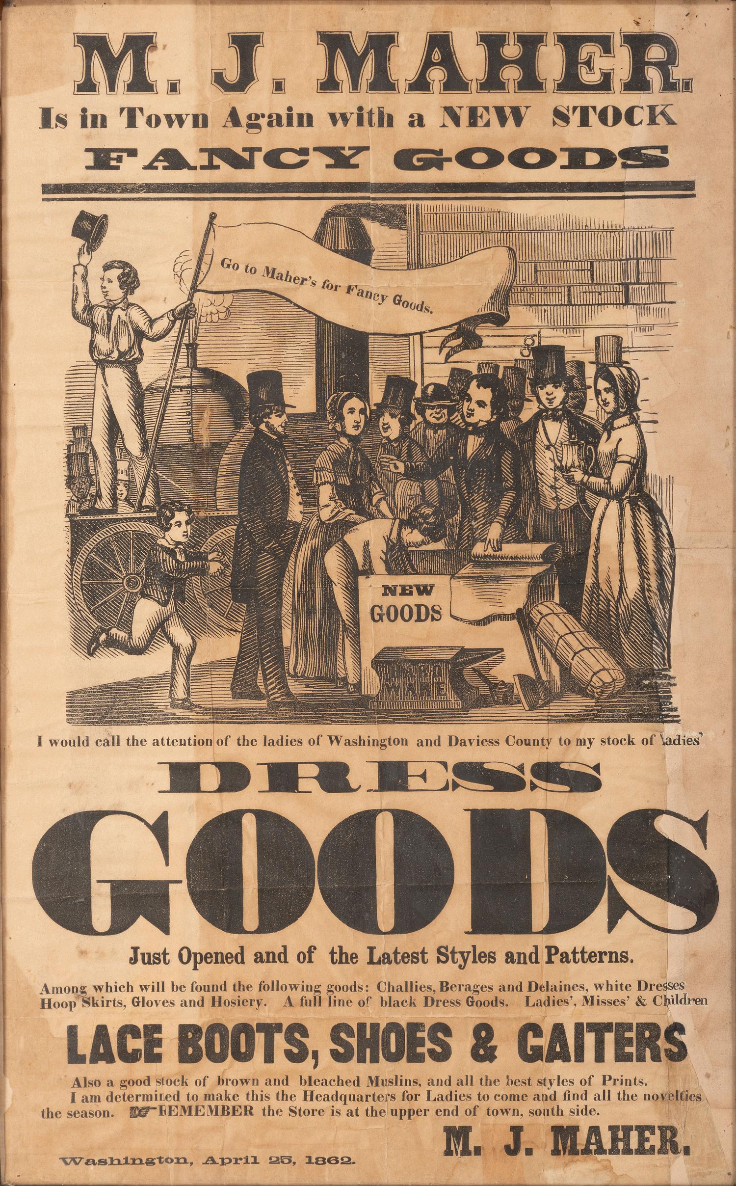 [CIVIL WAR] M.J. Maher. Is in Town Again with a New Stock Fancy Goods. Washington, IN, 1862.