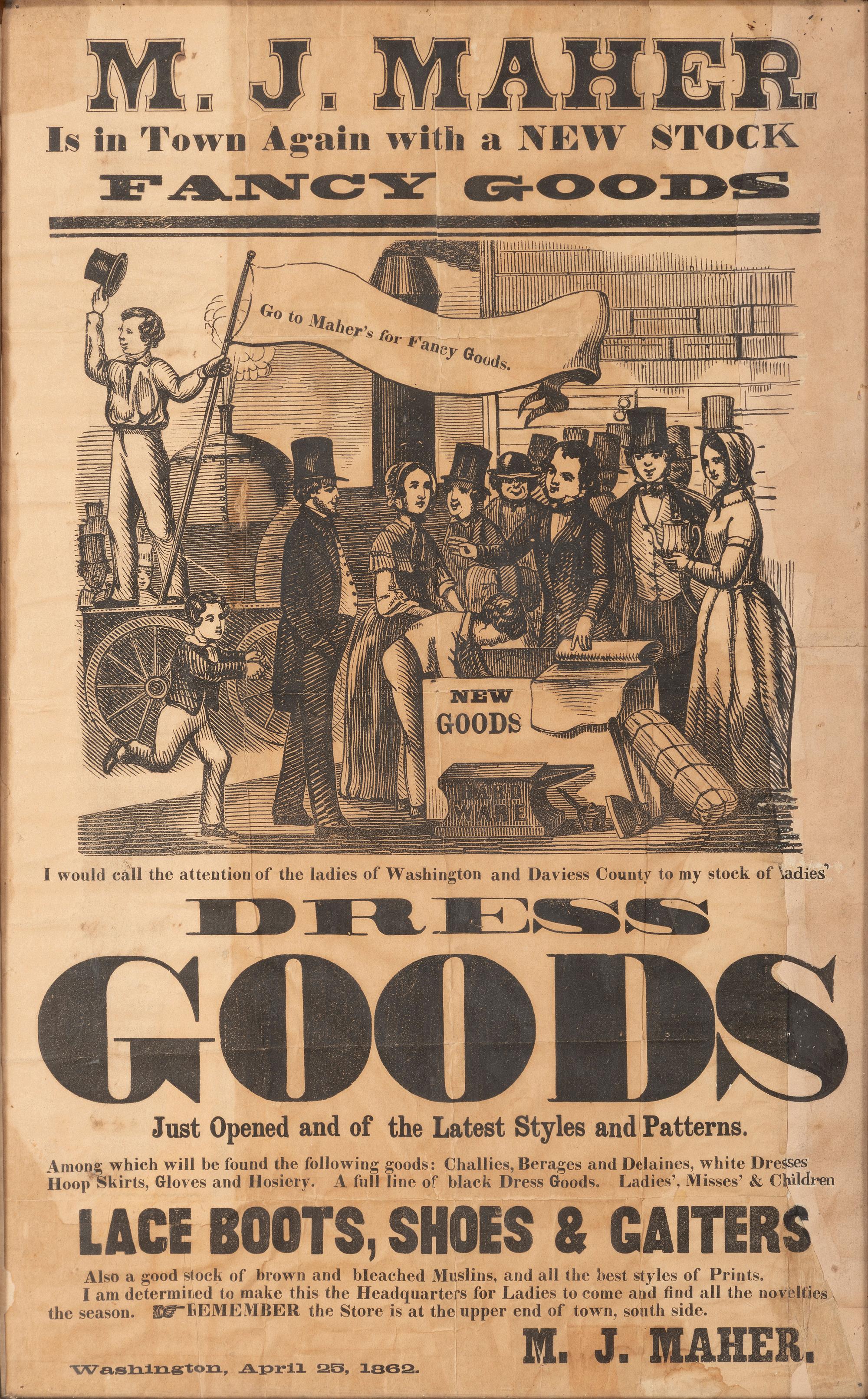 [CIVIL WAR] M.J. Maher. Is in Town Again with a New Stock Fancy Goods. Washington, IN, 1862.