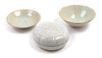 Three Chinese Qingbai Glazed Porcelain Articles Diameter of largest 7 inches. — SOUTHERN SONG-YUAN DYNASTY, 12TH-13TH CENTURY