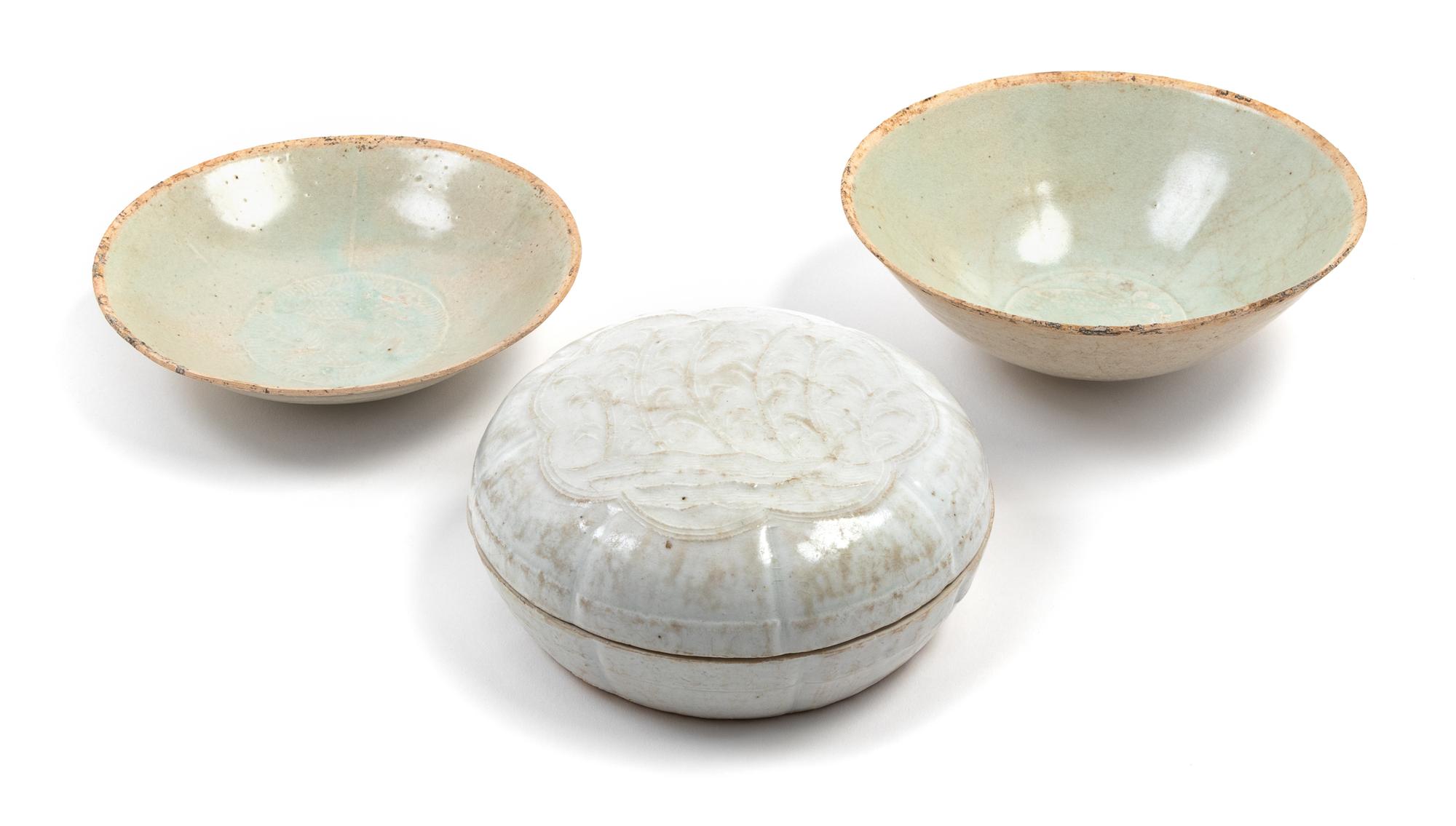 Three Chinese Qingbai Glazed Porcelain Articles Diameter of largest 7 inches. — SOUTHERN SONG-YUAN DYNASTY, 12TH-13TH CENTURY