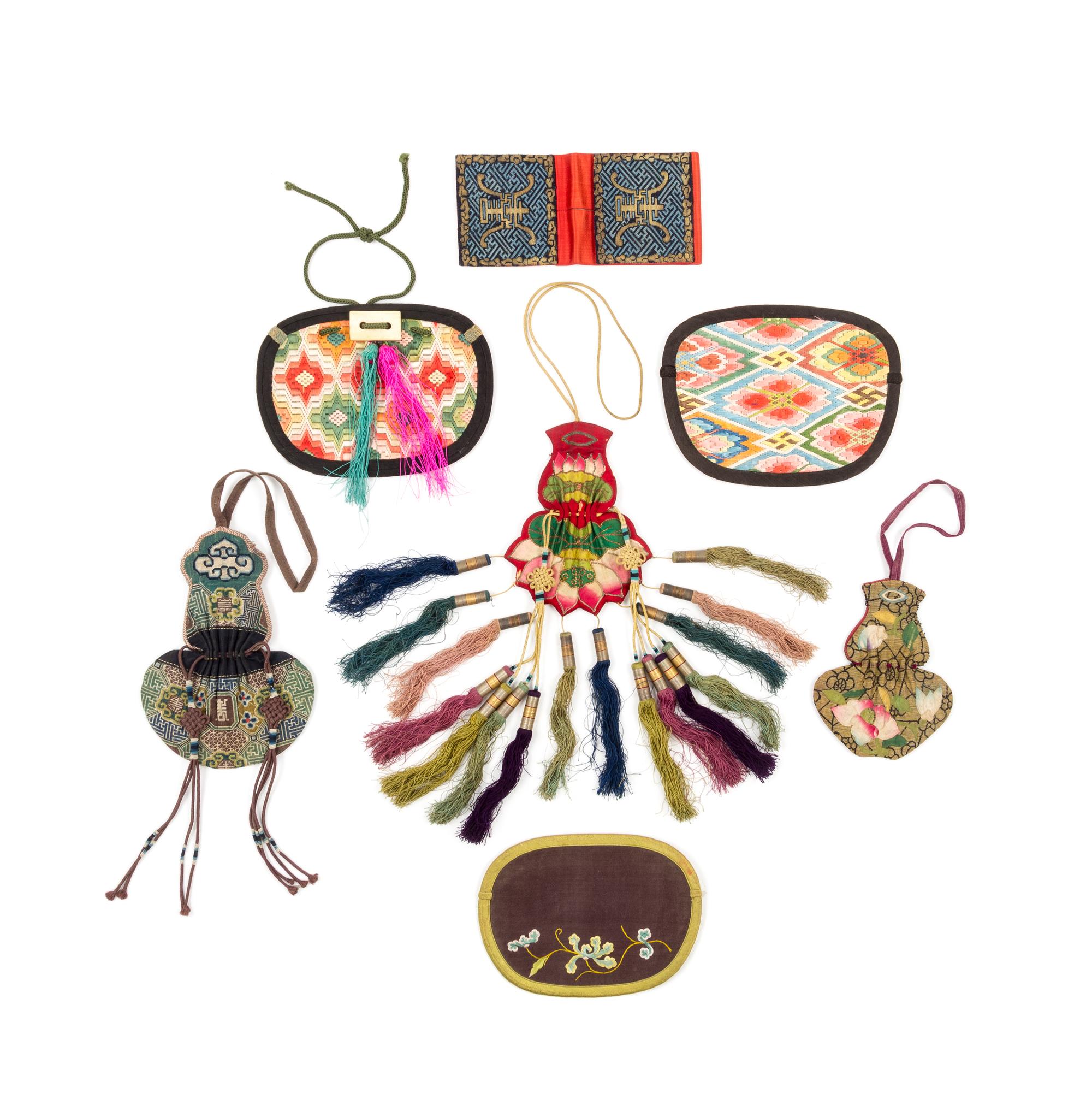 Seven Chinese Embroidered Silk Purses Length of largest 6 3/4 inches. — 19TH CENTURY