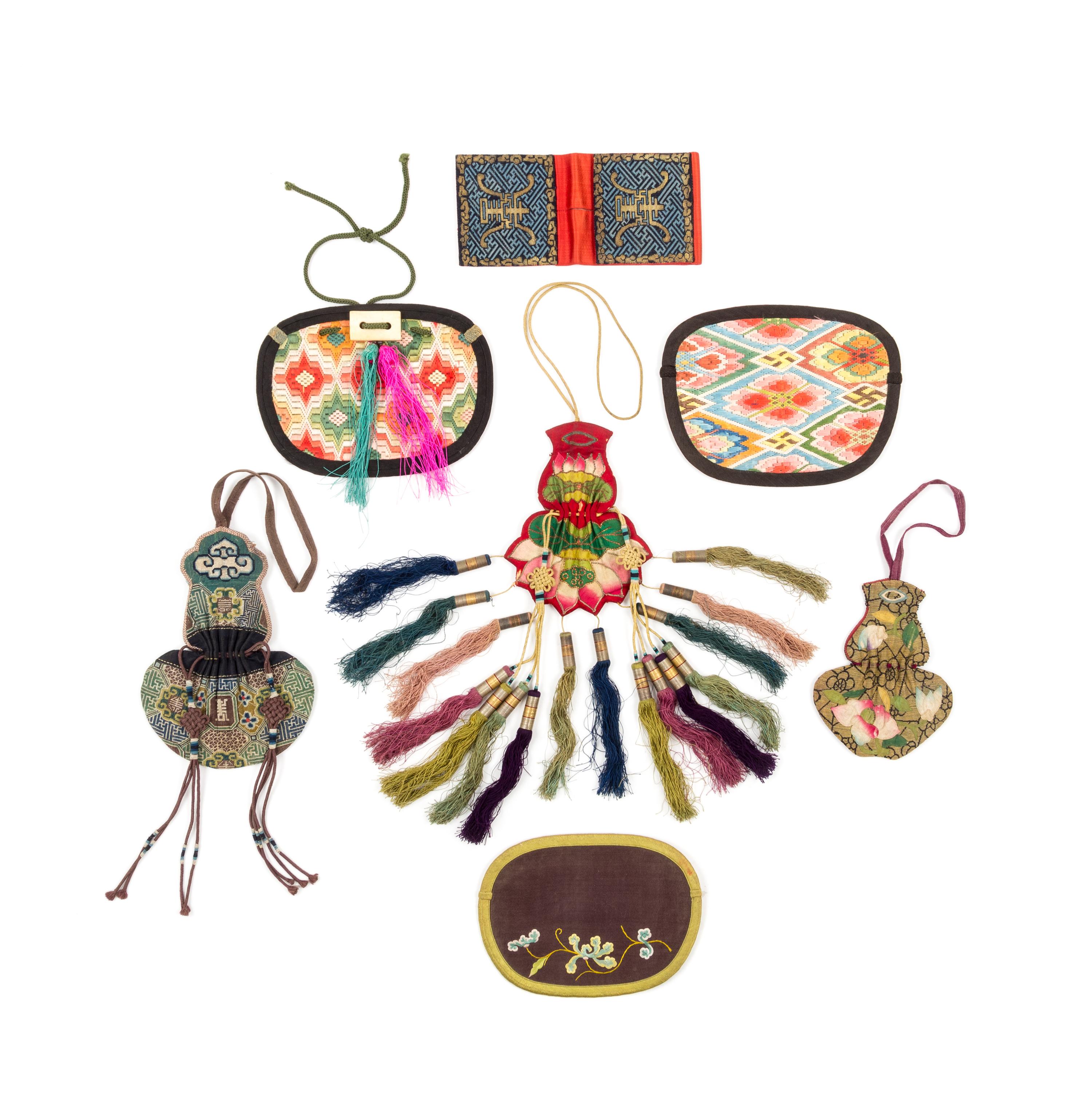 Seven Chinese Embroidered Silk Purses Length of largest 6 3/4 inches. — 19TH CENTURY