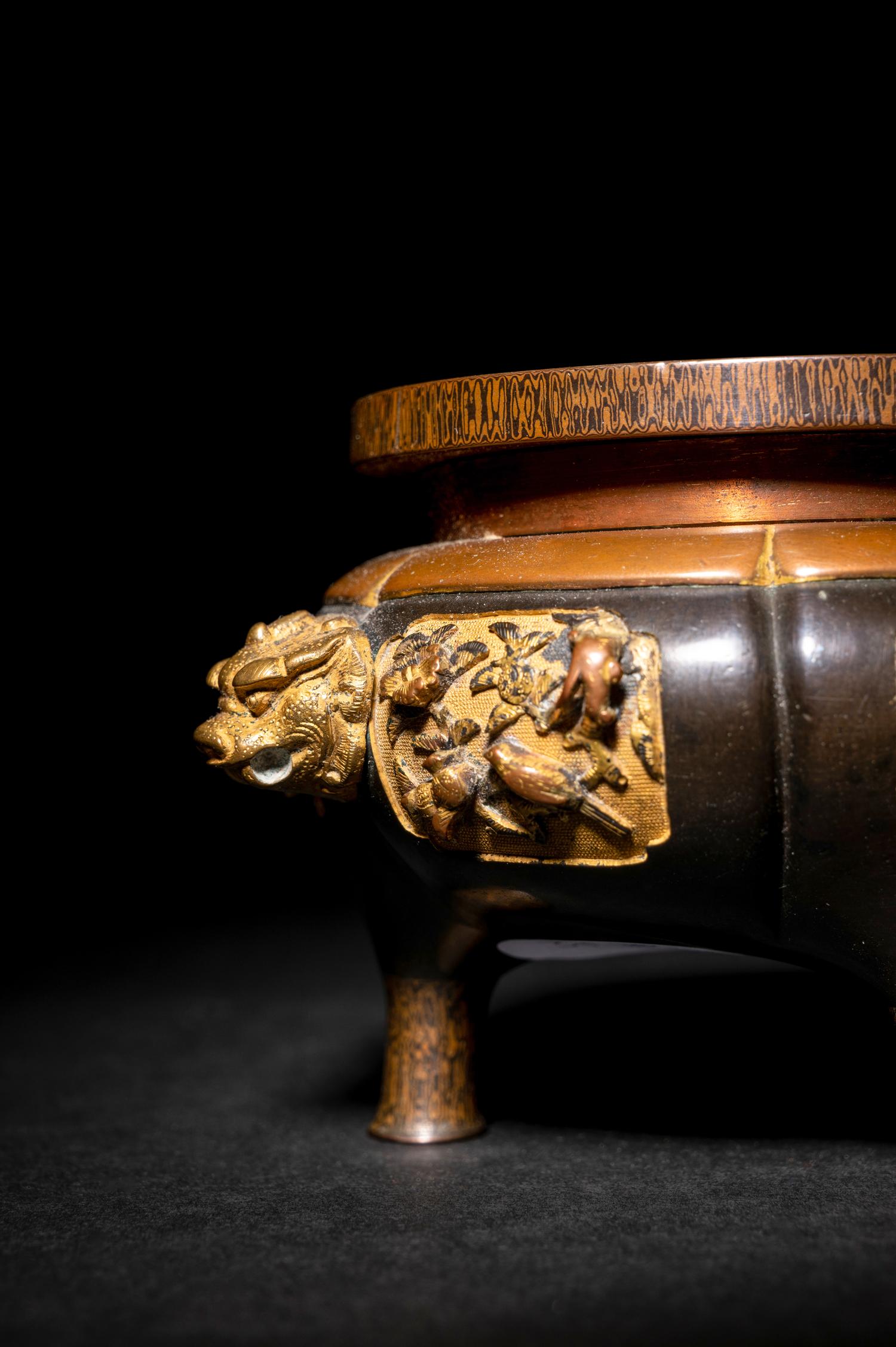 A Japanese Mixed Metal Inlaid Bronze Tripod Censer