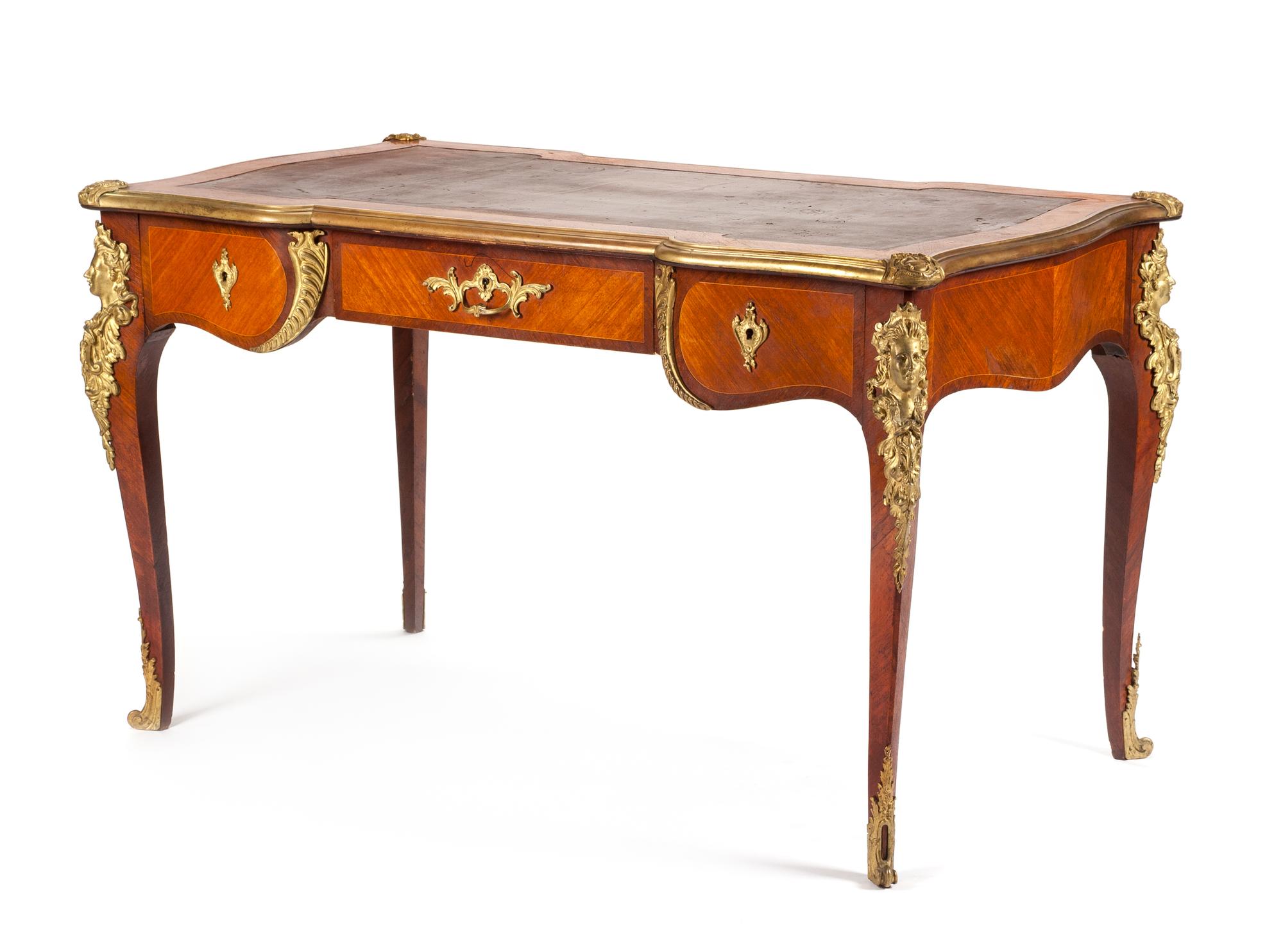 A Louis XV Style Gilt Bronze Mounted Kingwood and Mahogany Bureau Plat Height 30 x width 52 x depth 30 inches. — 19TH CENTURY