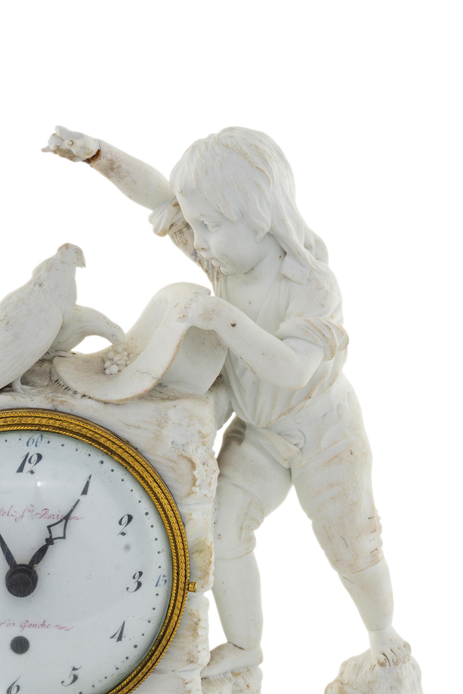 A French Gilt Bronze Mounted Biscuit Porcelain Figural Clock