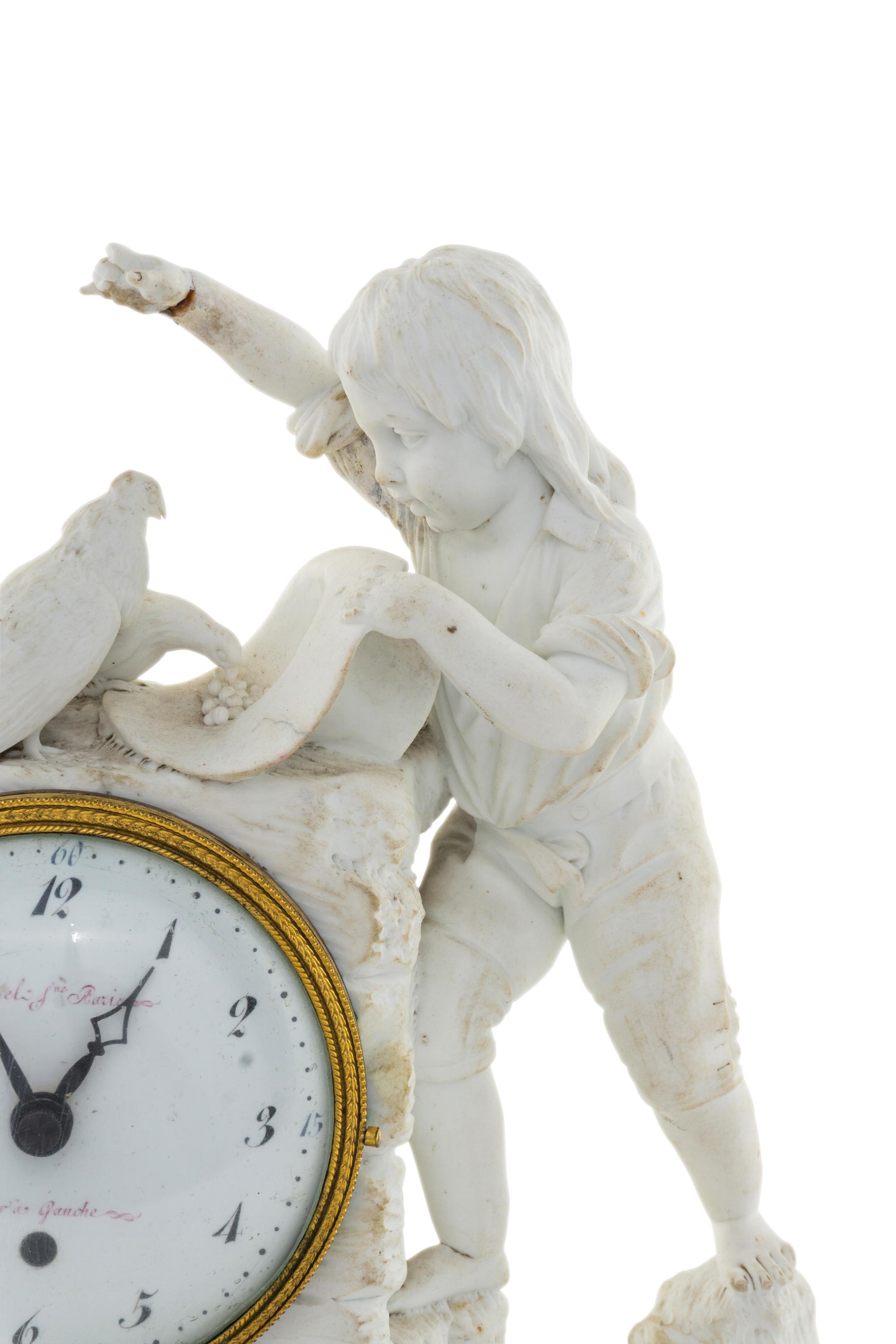 A French Gilt Bronze Mounted Biscuit Porcelain Figural Clock