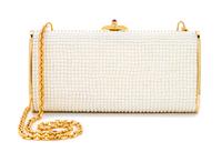 A Judith Leiber Oblong Pearl Minaudiere, 5.75" x 3" x 1.25"; Strap drop: 25".