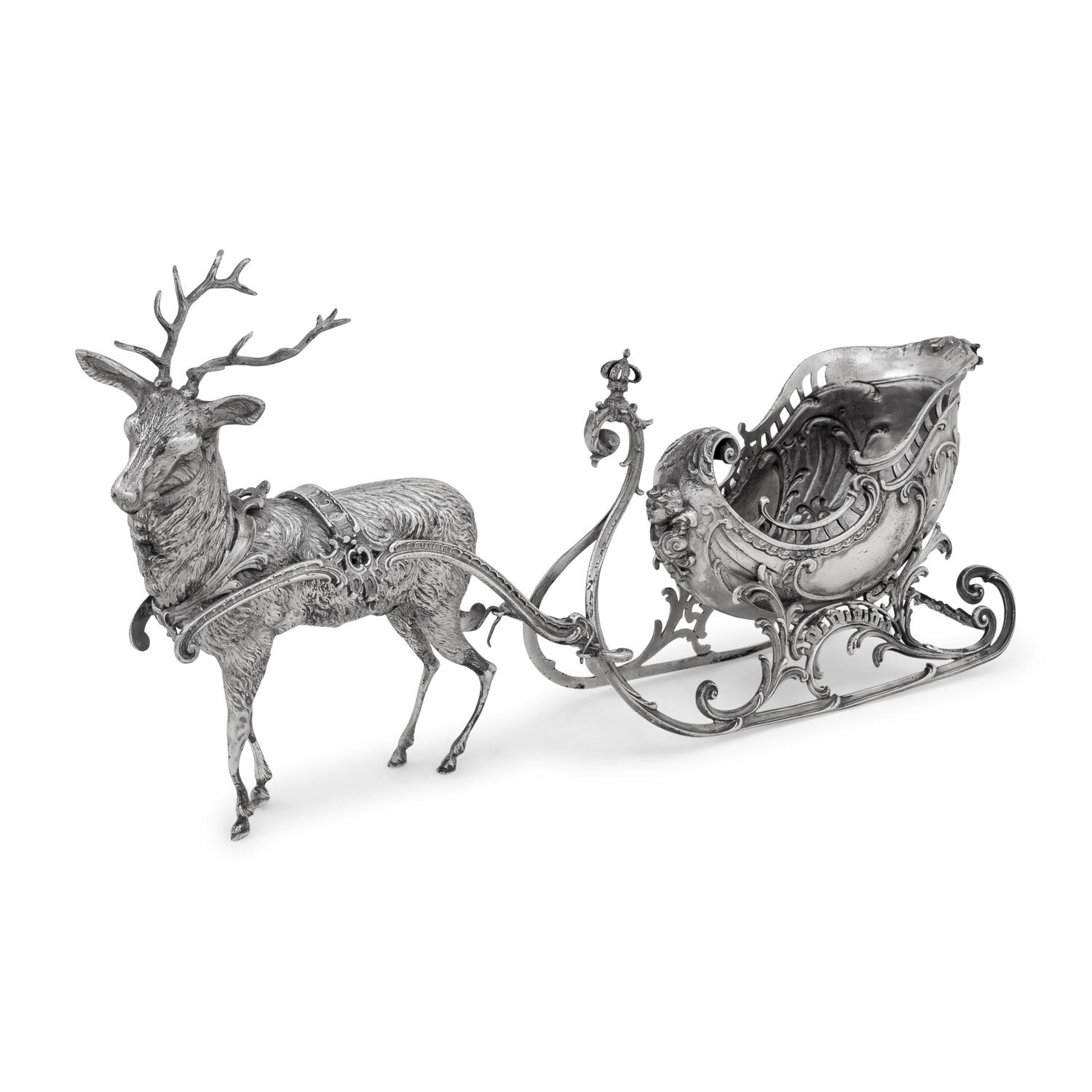 A Continental Silver-Plate Sleigh and Reindeer Centerpiece