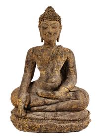 A Thai Lacquered Wood Figure of a Seated Lanna Buddha Height 24 inches. — POSSIBLY 16TH/17TH CENTURY