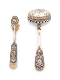 A Russian Silver-Gilt and Enameled Sugar Bowl, Tongs and Scoop