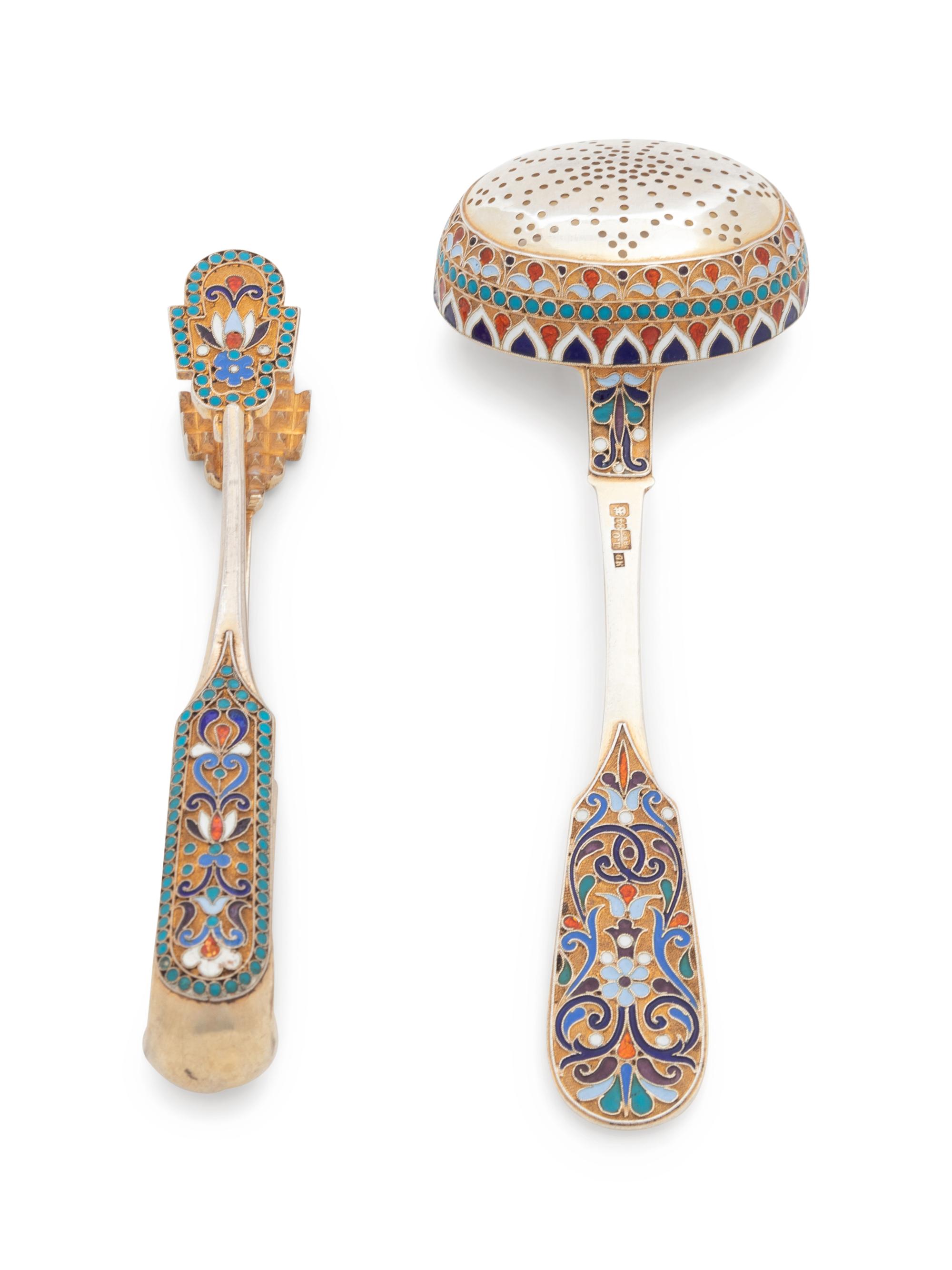 A Russian Silver-Gilt and Enameled Sugar Bowl, Tongs and Scoop