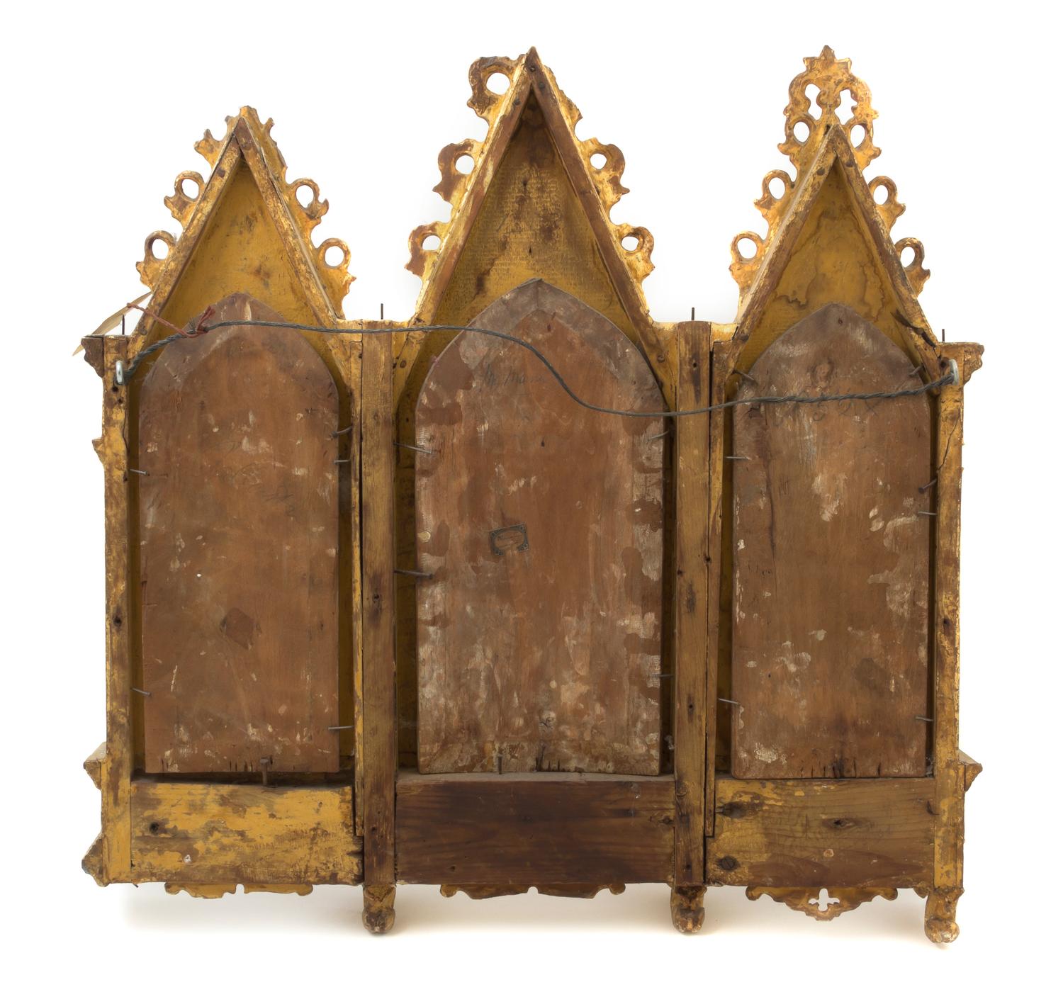 A Continental Ecclesiastical Triptych, Height 21 x width 20 1/2 inches.
