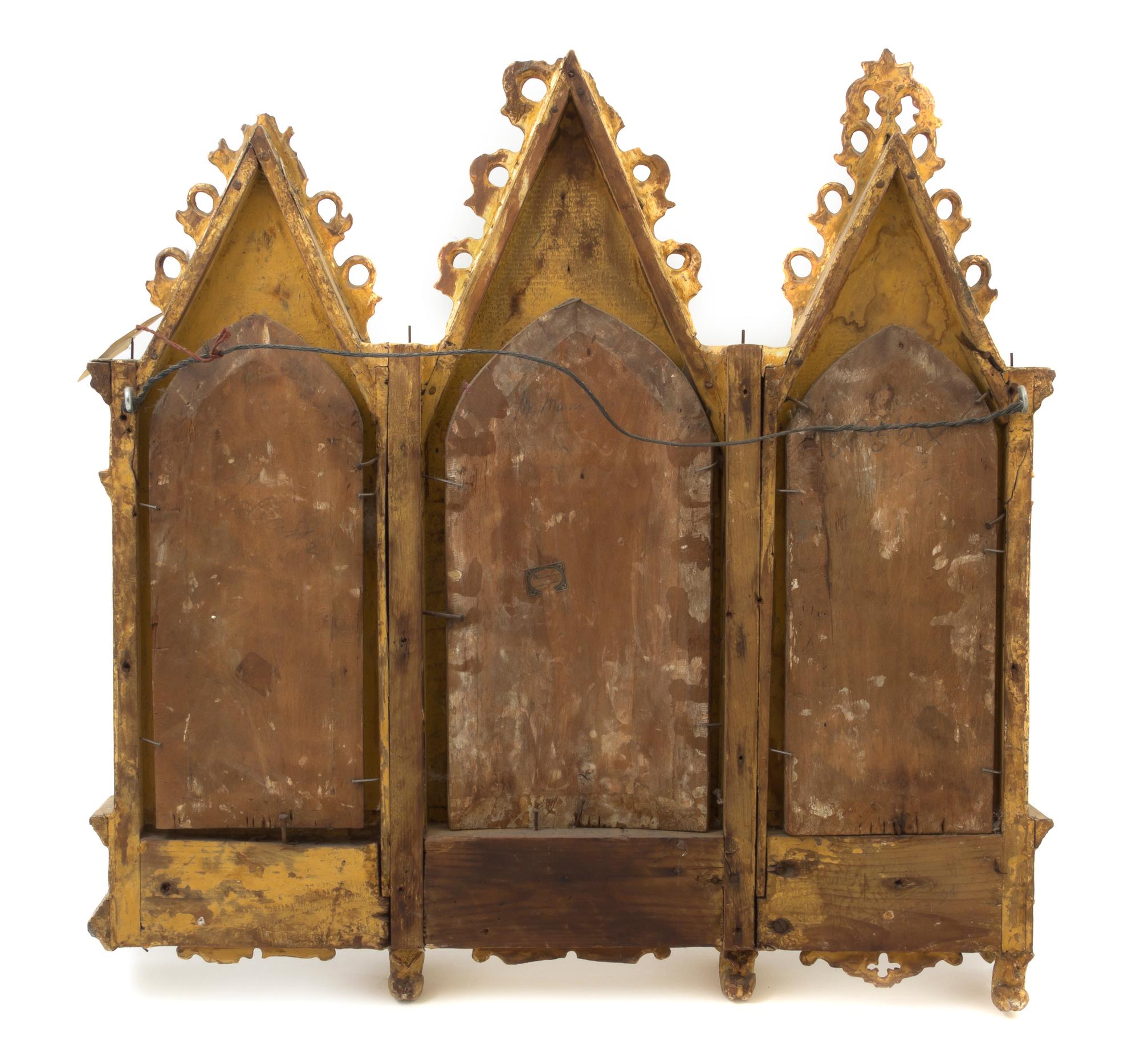 A Continental Ecclesiastical Triptych, Height 21 x width 20 1/2 inches.