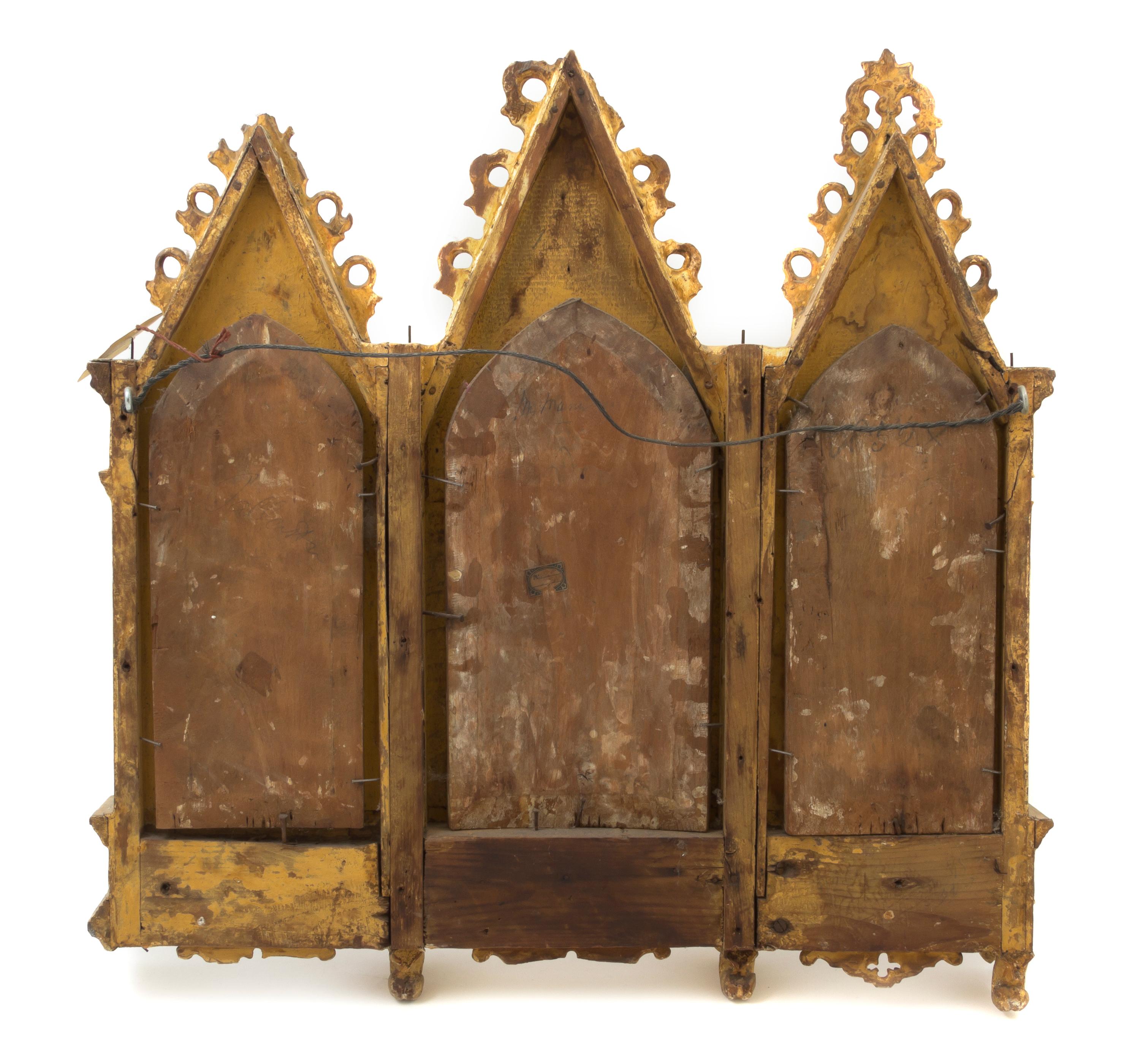 A Continental Ecclesiastical Triptych, Height 21 x width 20 1/2 inches.