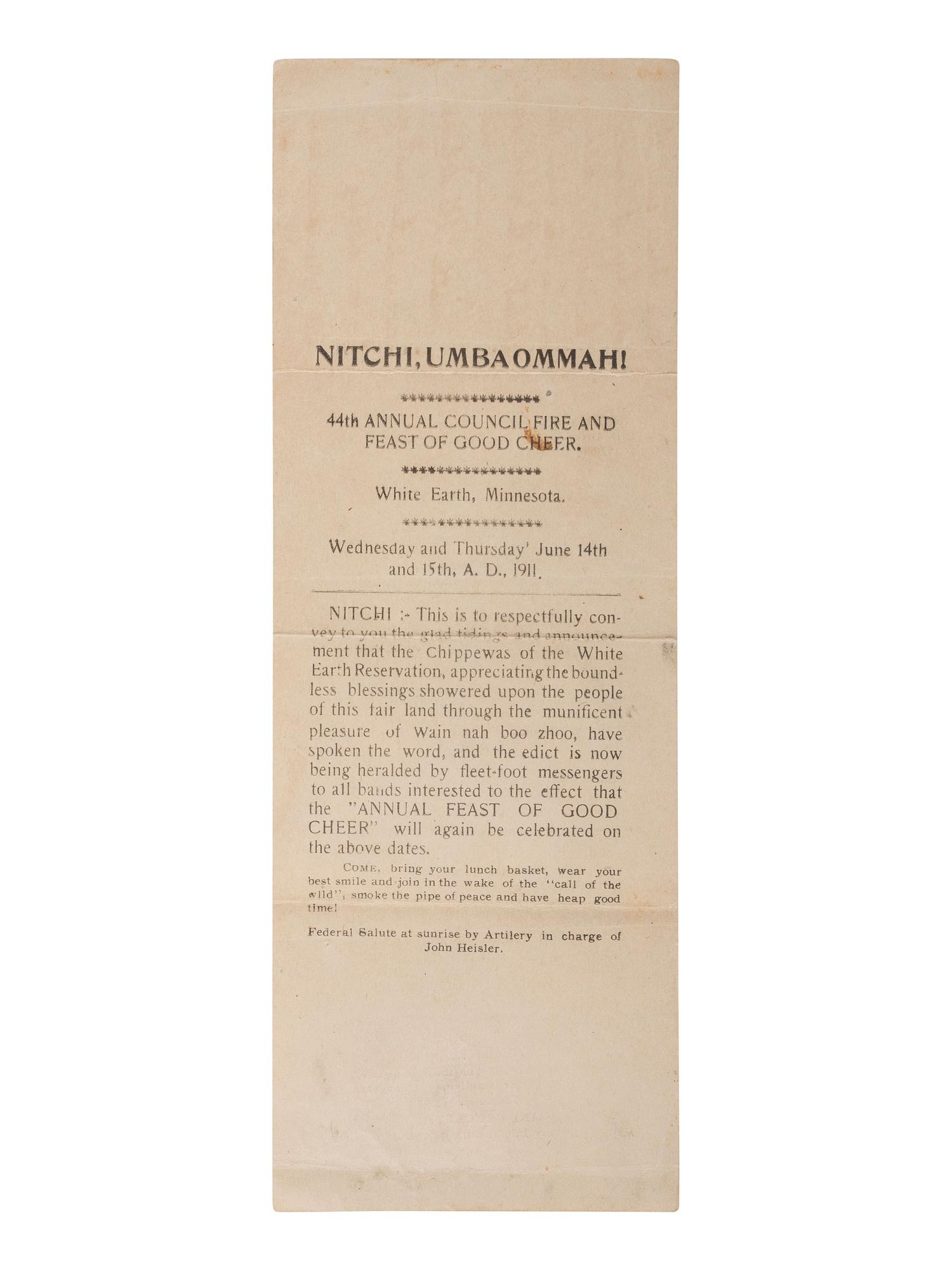 "Nitchi, Umbaommah! 44th Annual Council Fire and Feast of Good Cheer." White Earth Res., MN. 1911.