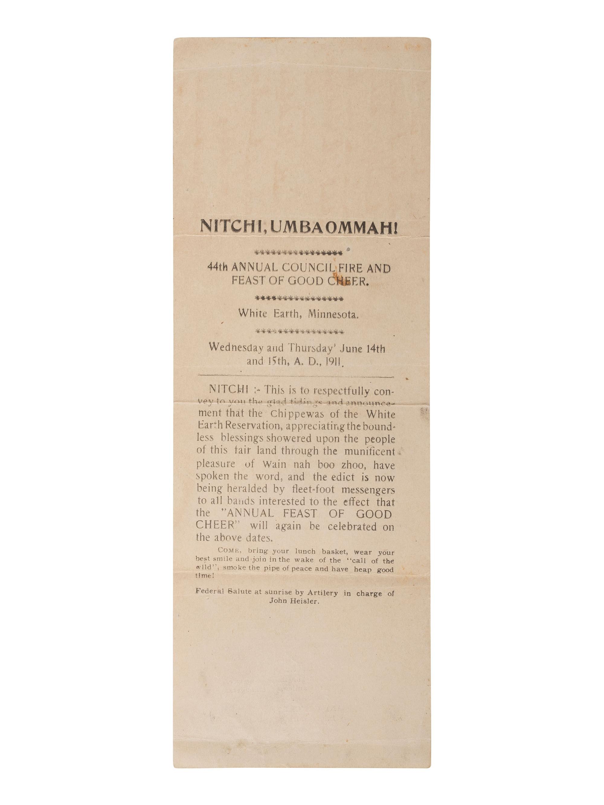 "Nitchi, Umbaommah! 44th Annual Council Fire and Feast of Good Cheer." White Earth Res., MN. 1911.