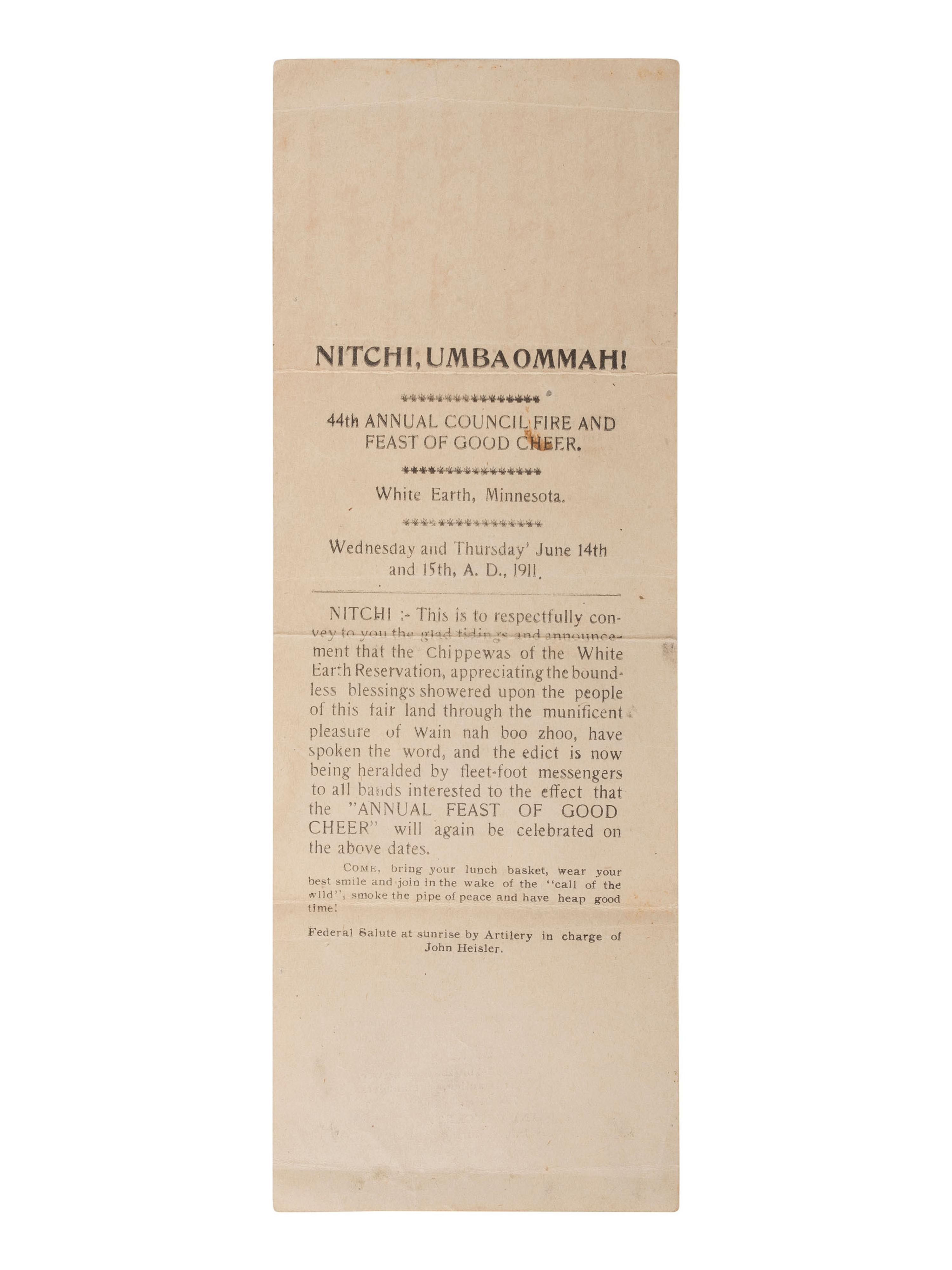 "Nitchi, Umbaommah! 44th Annual Council Fire and Feast of Good Cheer." White Earth Res., MN. 1911.