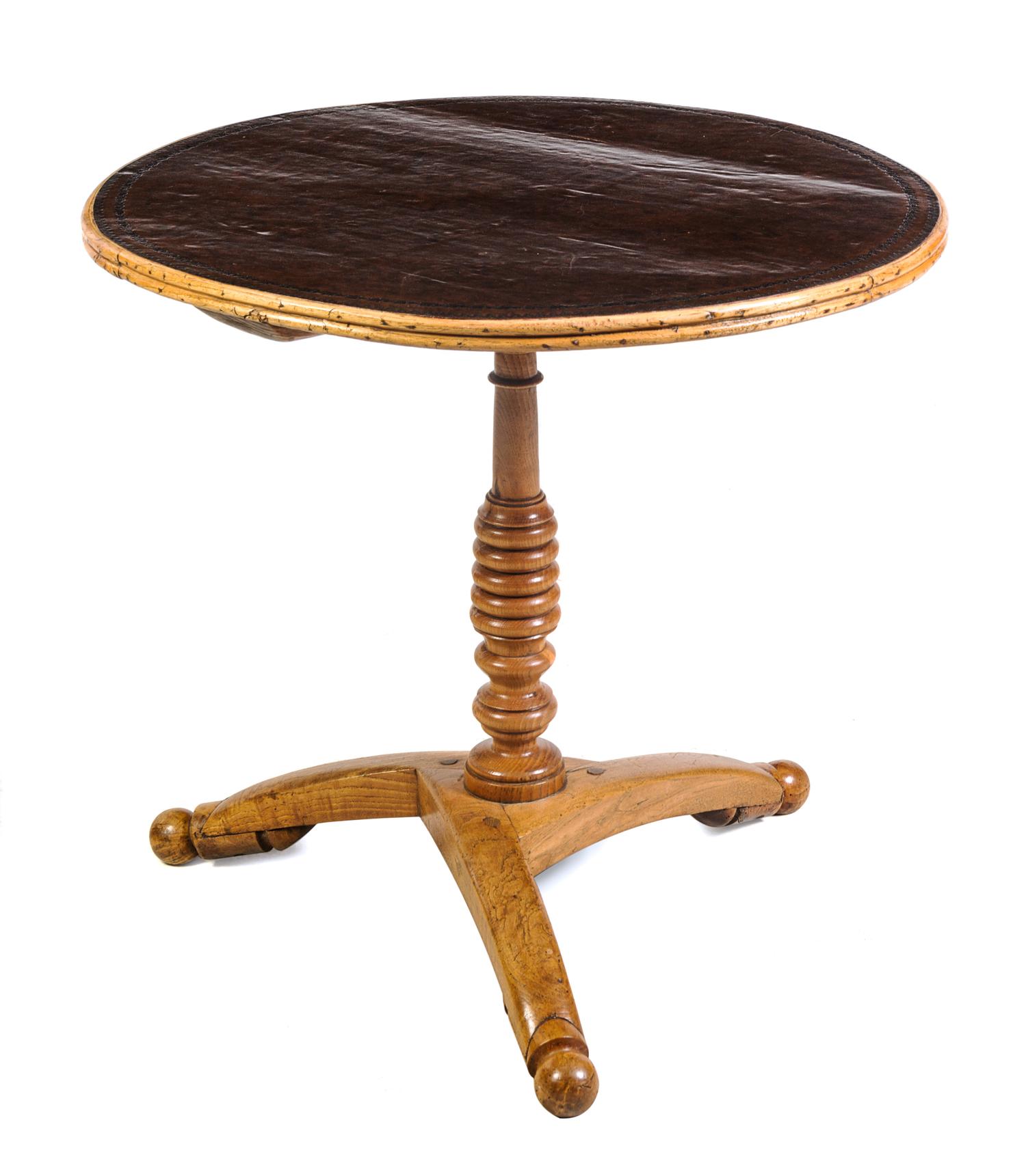An English Elm Pedestal Table Height 25 1/2 x diameter of top 26 inches. — 18TH/19TH CENTURY WITH LATER TOP