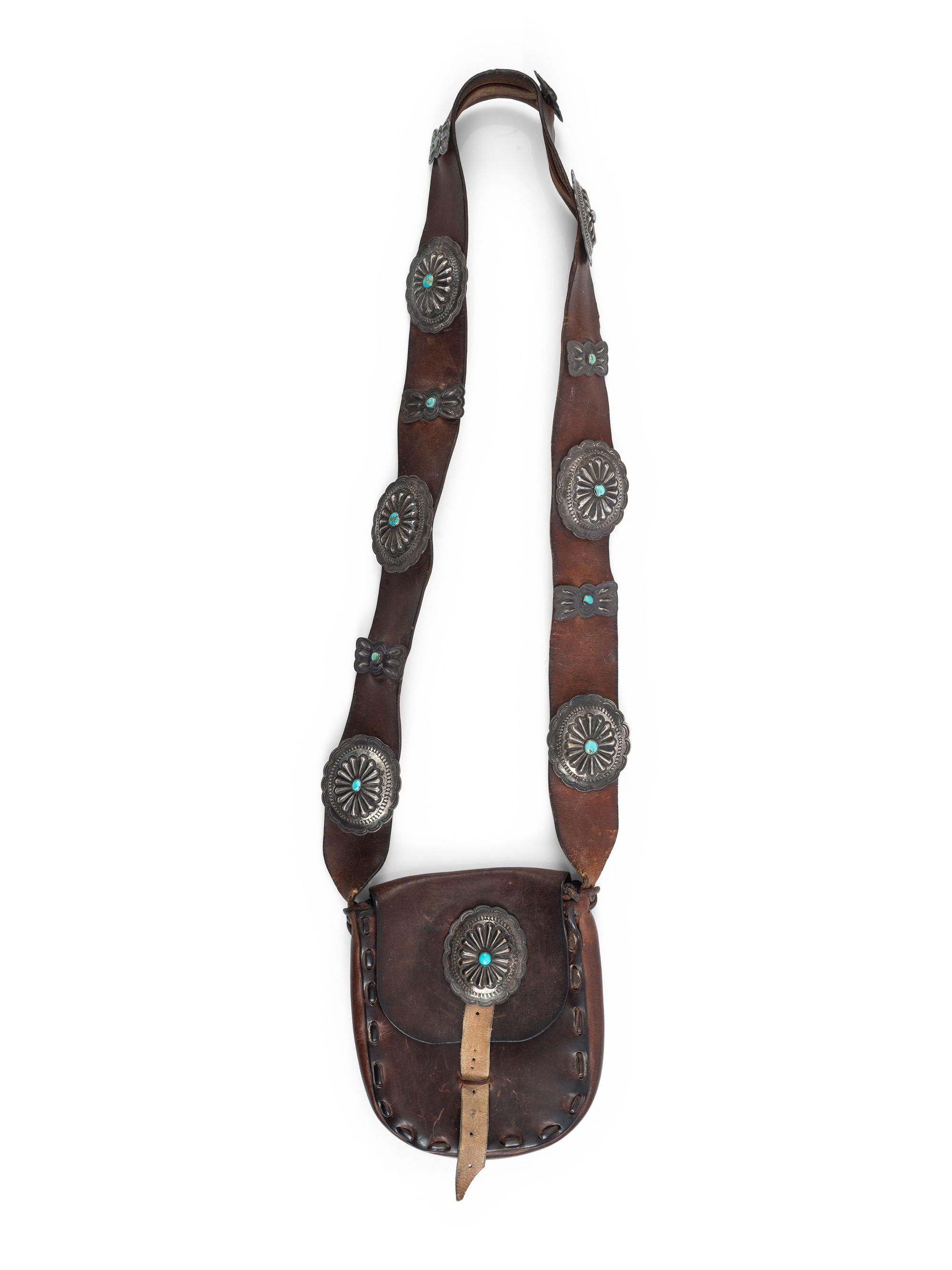 Navajo Leather Bag, with Silver and Turquoise Conchas
