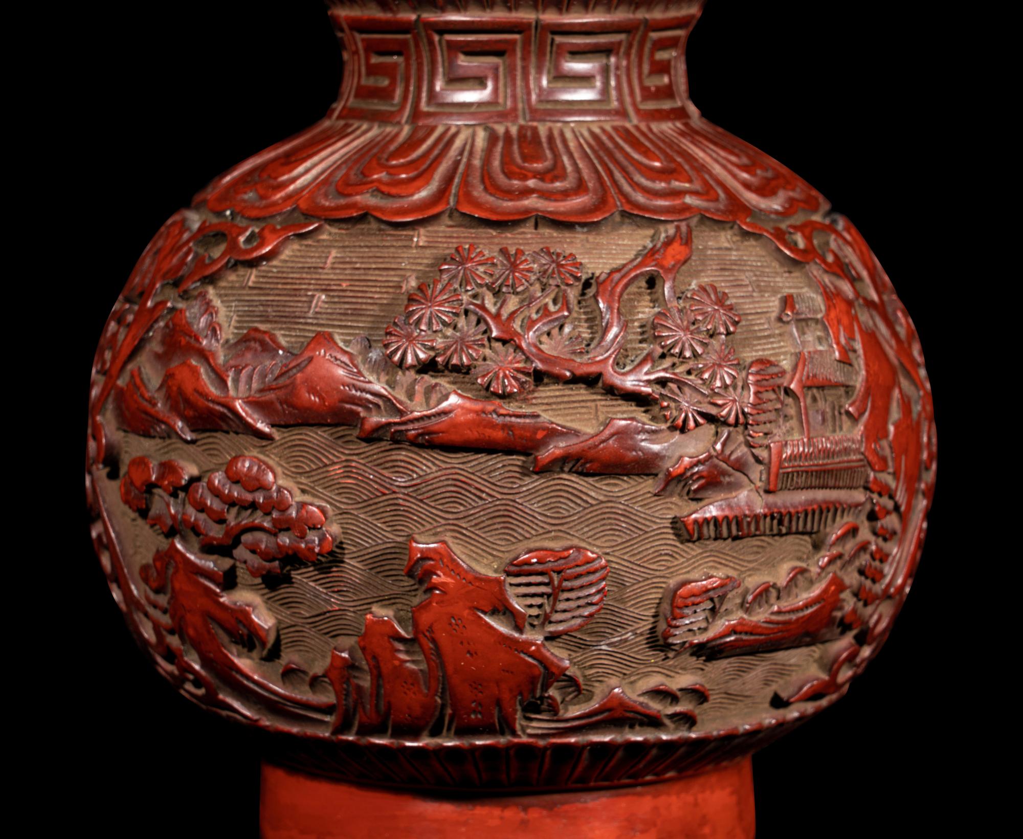 A Chinese Cinnabar Lacquer Gourd-form 'Landscapes' Vase