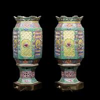 A Pair of Chinese Famille Rose Porcelain Lanterns, Early-Mid 20th Century 近代 粉彩鏤雕瓷宮燈一對