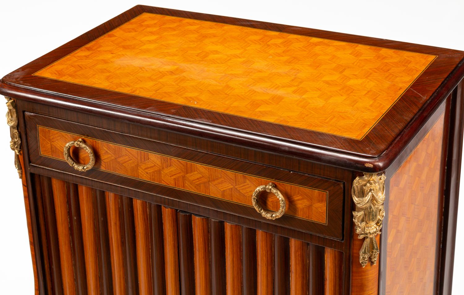 A Pair of Louis XV Style Gilt Bronze Mounted Parquetry Side Tables