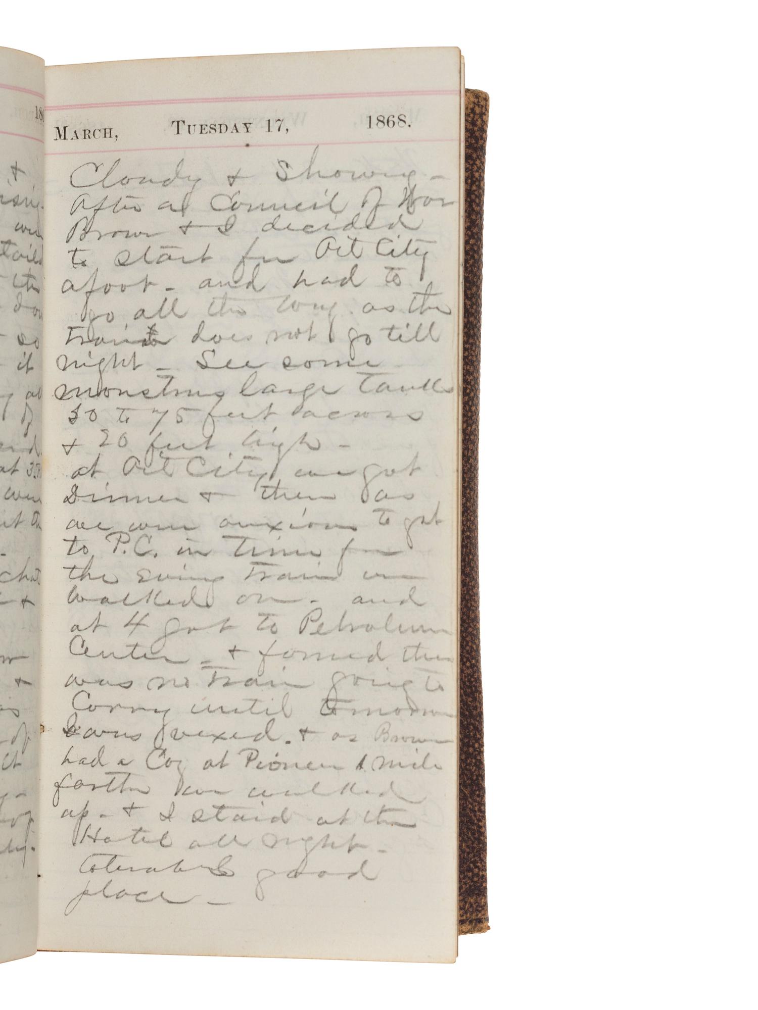 [MILITARIA]. A group of 2 post-Civil War diaries from Harland A. Durand, incl. references to Grant's election, Oil City, Native-Americans, and a soldier's suicide. 1866 and 1868.