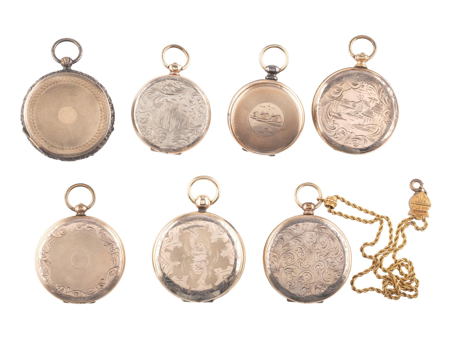 [EARLY PHOTOGRAPHY]. A group of 7 lockets containing 13 daguerreotype, ambrotype, and tintype portraits.